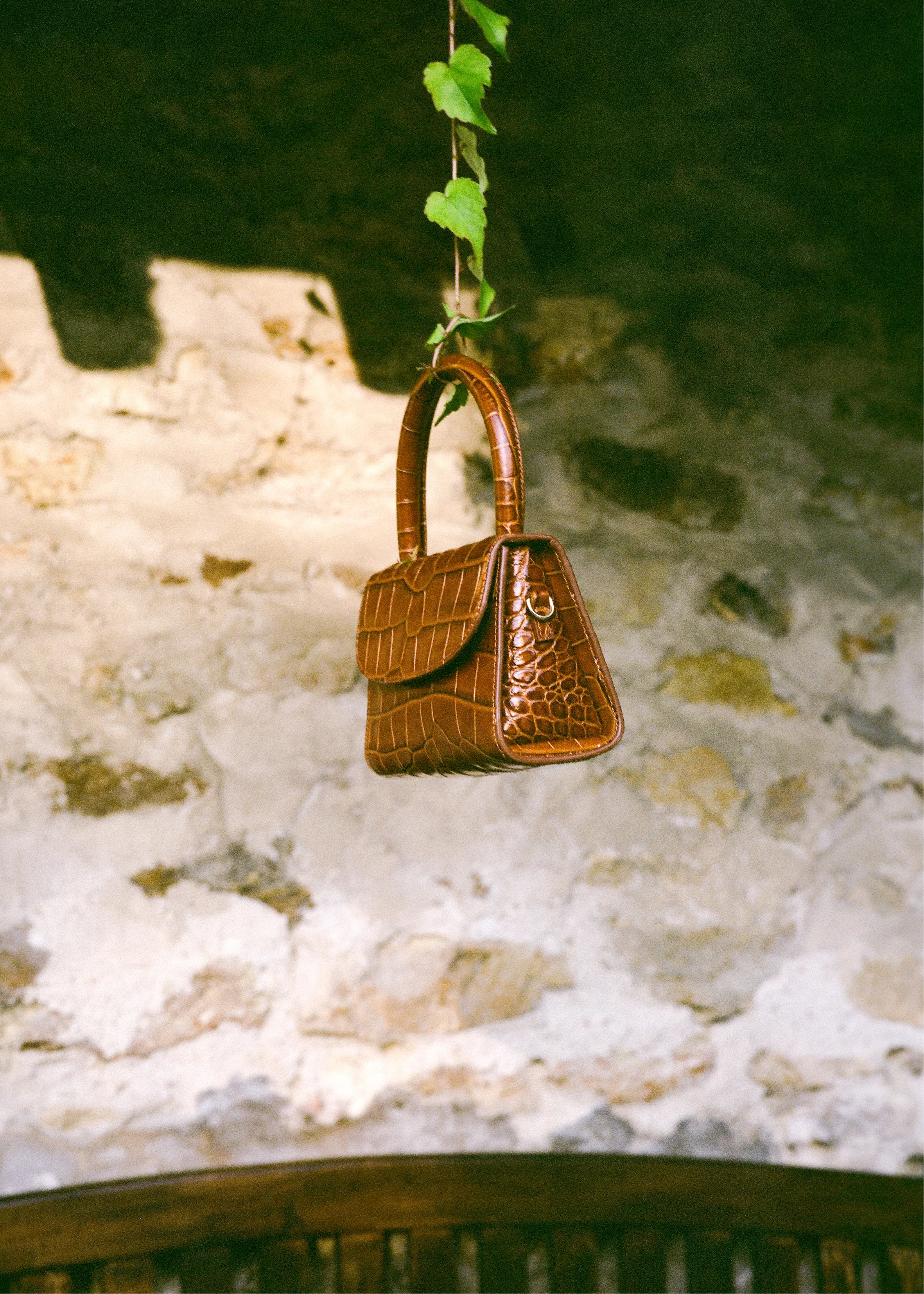 by FAR Mini Tan Croco Embossed Leather Bag