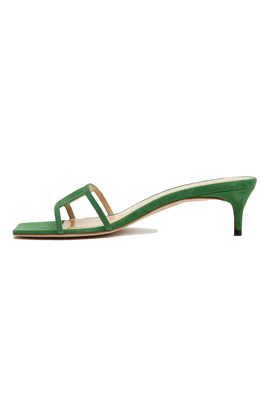 BY FAR Virgo Green Suede Kitten-Heeled Sandals