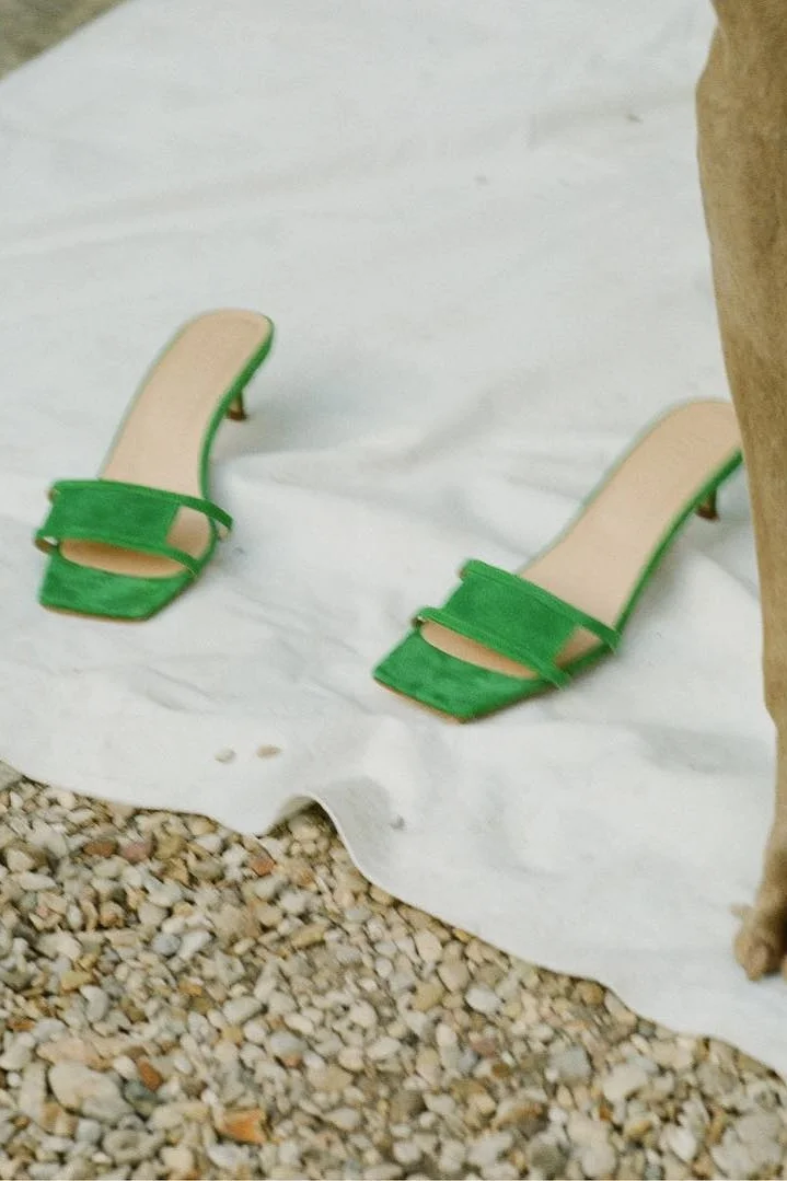 BY FAR Virgo Green Suede Kitten-Heeled Sandals