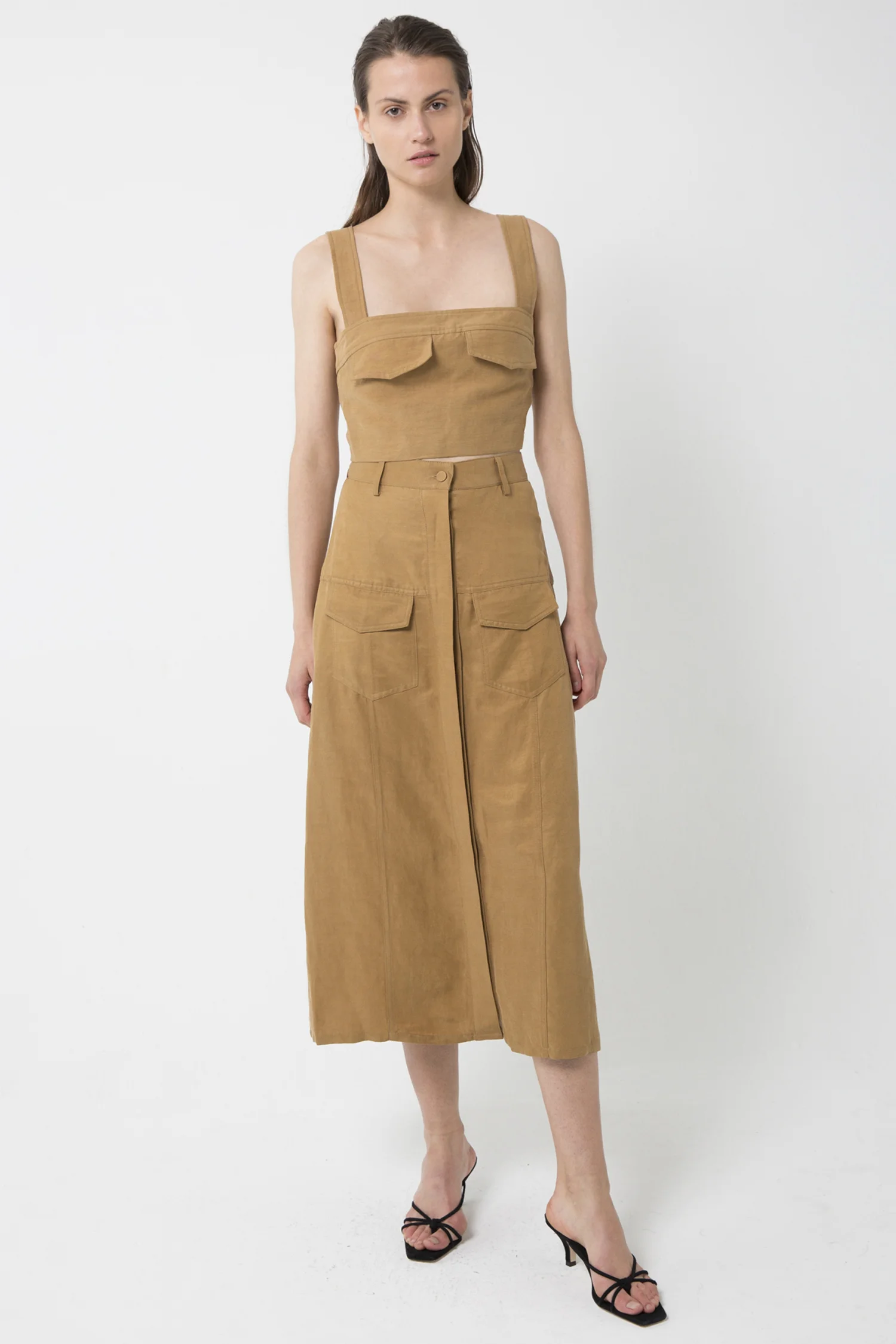 Third Form Trucker Pocket Crop Top And Paneled Midi Skirt - Camel