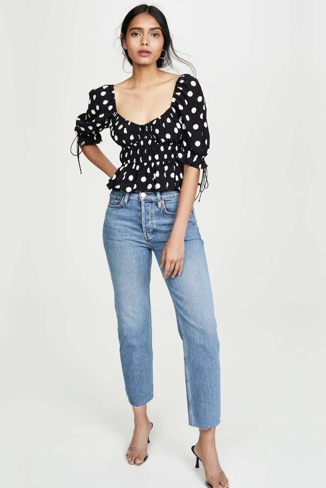 For Love & Lemons Mochi Polka Dot Smocked Summer Blouse - Noir Dot
