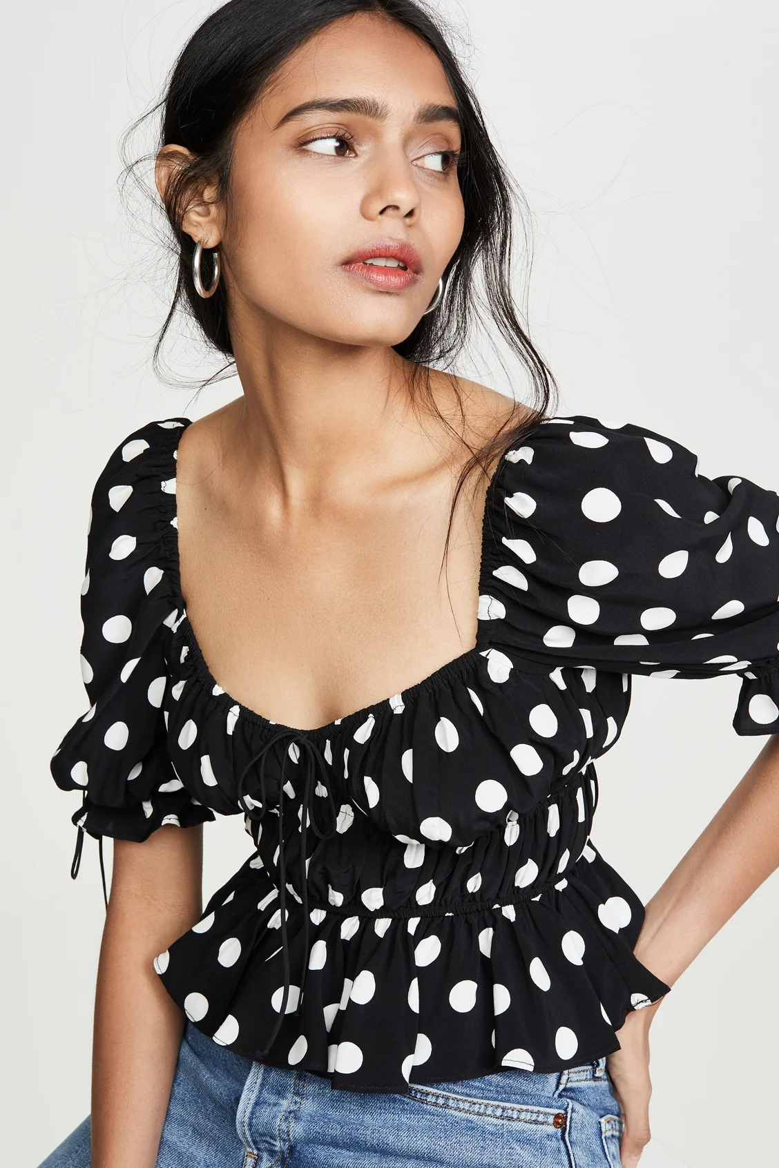 For Love & Lemons Mochi Polka Dot Smocked Summer Blouse - Noir Dot