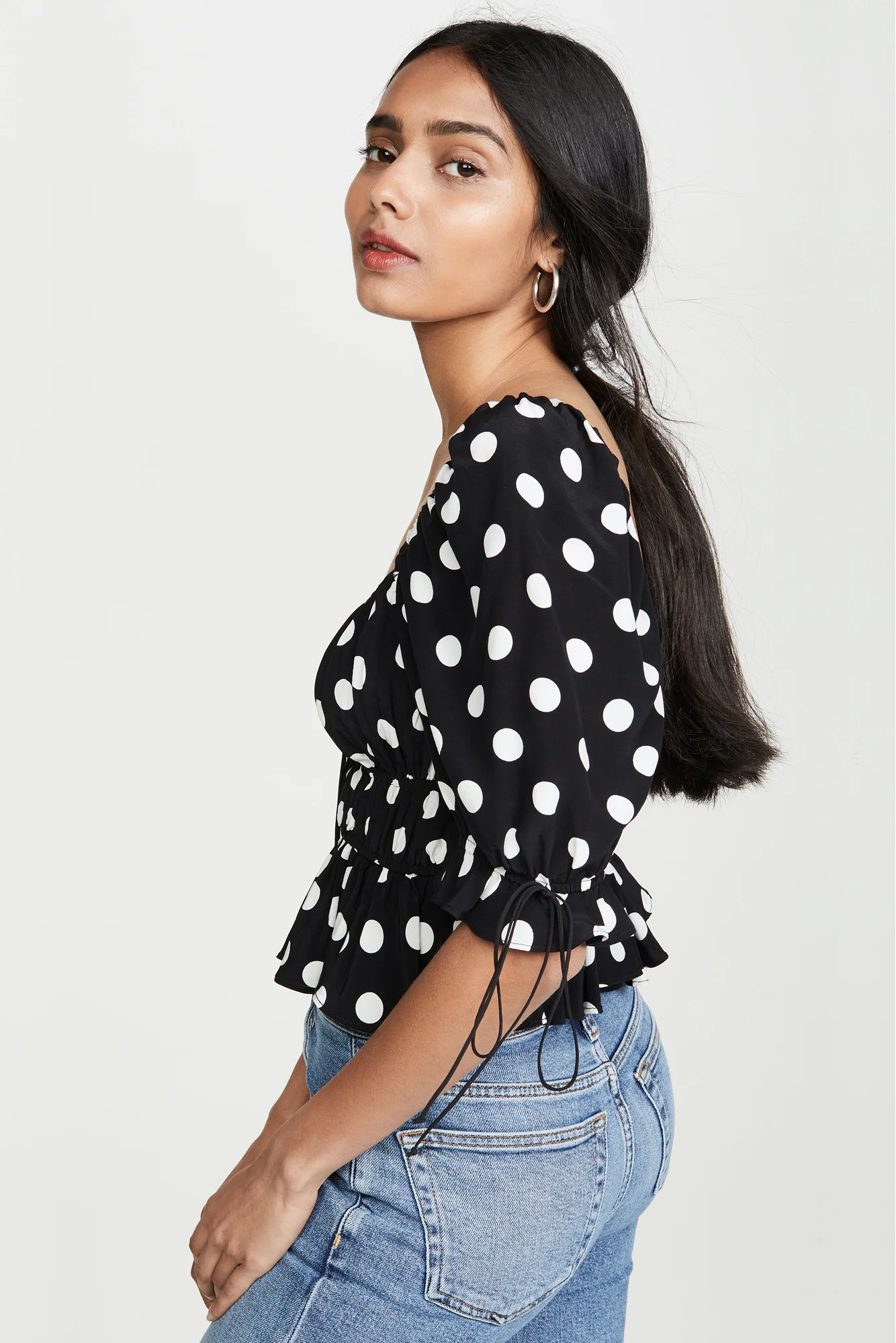 For Love & Lemons Mochi Polka Dot Smocked Summer Blouse - Noir Dot