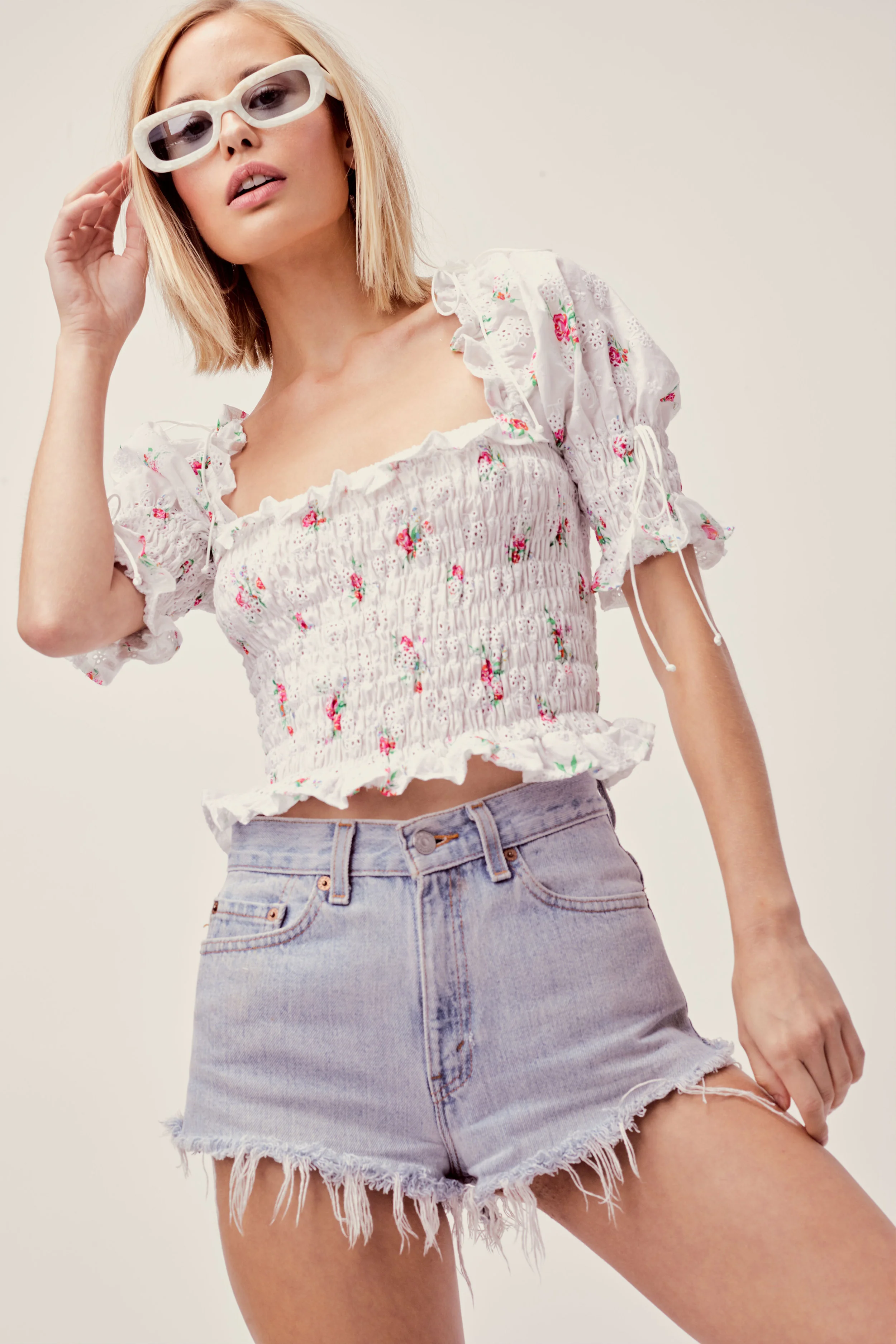 For Love & Lemons Tarte Floral Eyelet Smocked Blouse