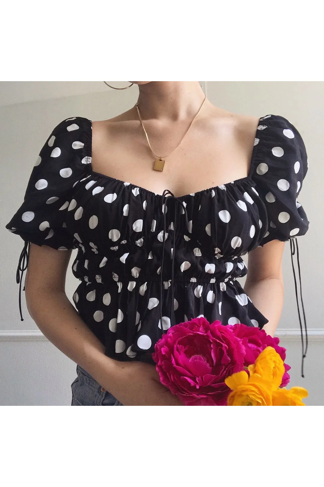 For Love & Lemons Mochi Polka Dot Smocked Summer Blouse - Noir Dot