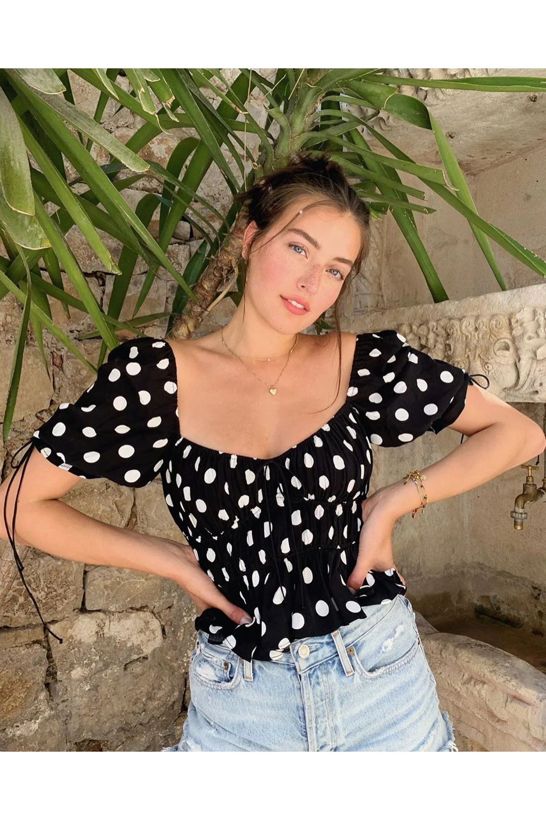 @jessicaclements in For Love & Lemons Mochi Polka Dot Smocked Summer Blouse - Noir Dot