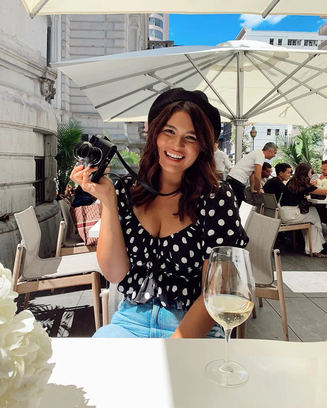 @bellaagolden in For Love & Lemons Mochi Polka Dot Smocked Summer Blouse - Noir Dot