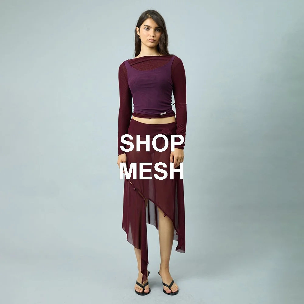 House of Sunny Double Layer Long Sleeve Mesh Top + Asymmetric Mesh Skirt With Flower Applique