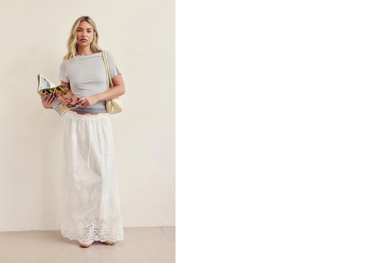 House of Sunny Double Layer Mesh Top - Pale Grey + Blossom Skirt + The Shirley Bag - Butter
