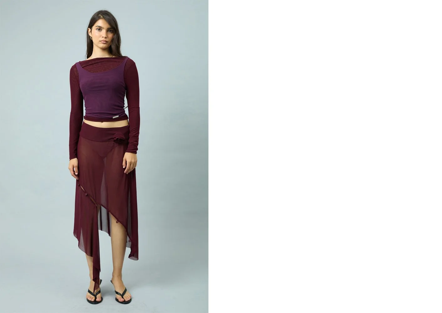 House of Sunny Double Layer Long Sleeve Mesh Top + Asymmetric Mesh Skirt With Flower Applique