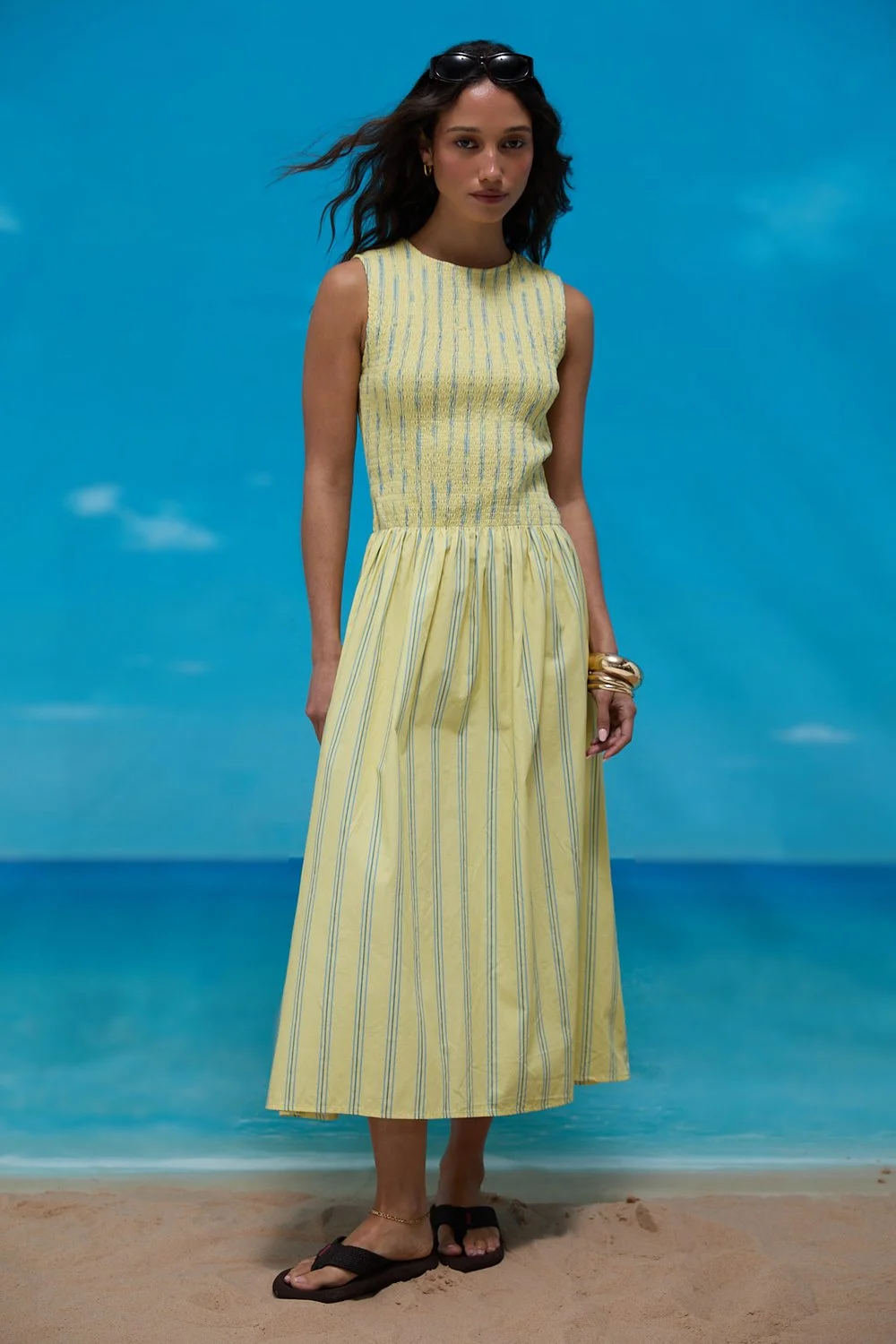 House of Sunny Striped Ruched Mesh Dress