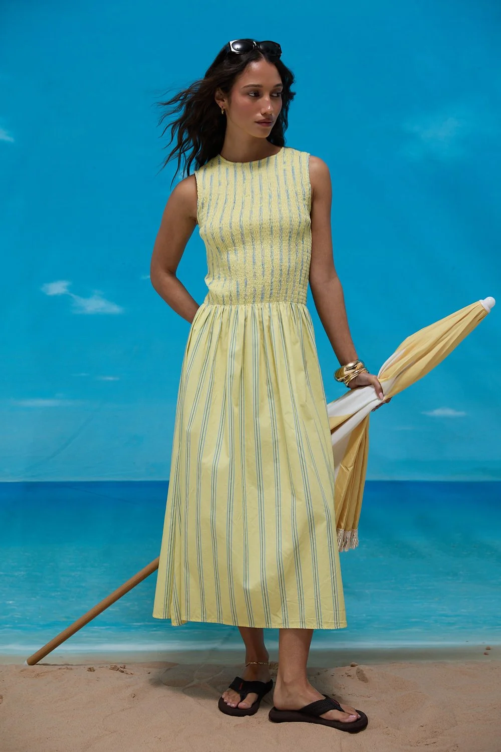 House of Sunny Striped Ruched Mesh Dress