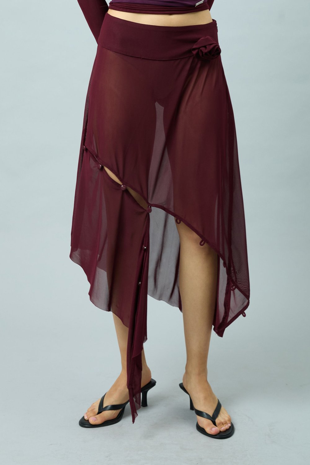 House of Sunny Asymmetric Mesh Skirt With Flower Applique