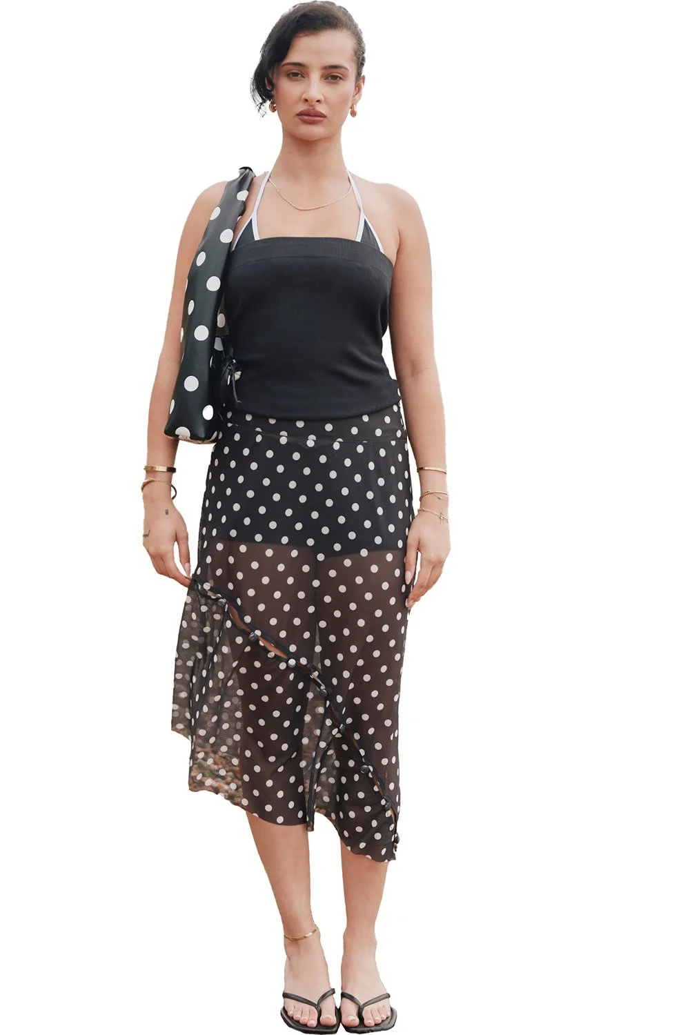 House of Sunny Polka Dot Mesh Printed Skirt