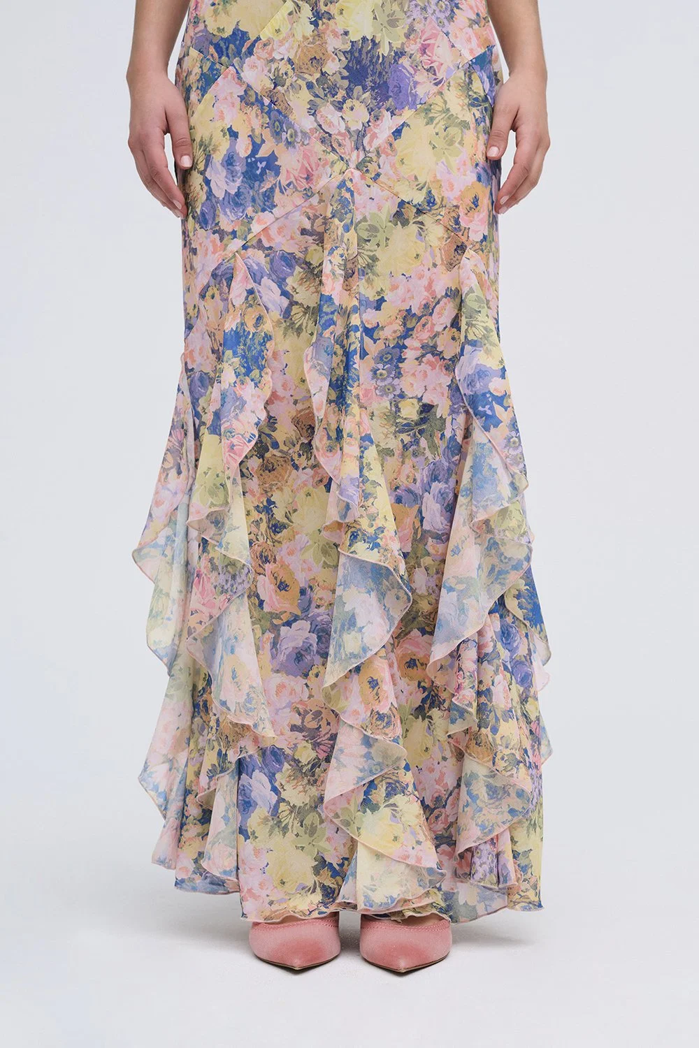 high neck maxi dress long sleeve Structured Shoulder Design Satin High-Neck Fitted Maxi Dress - Cream 10 main image 0