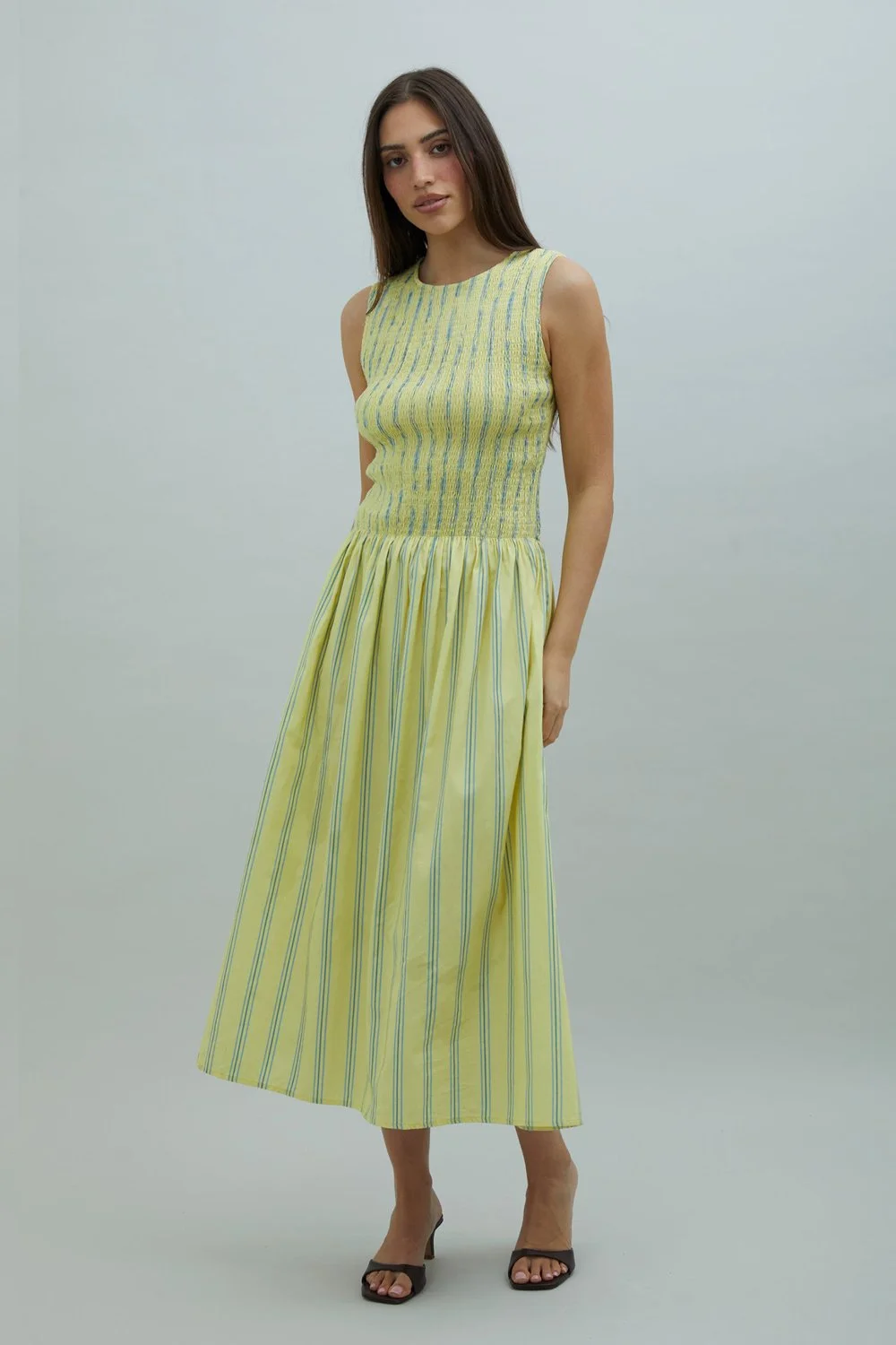 House of Sunny Striped Ruched Mesh Dress