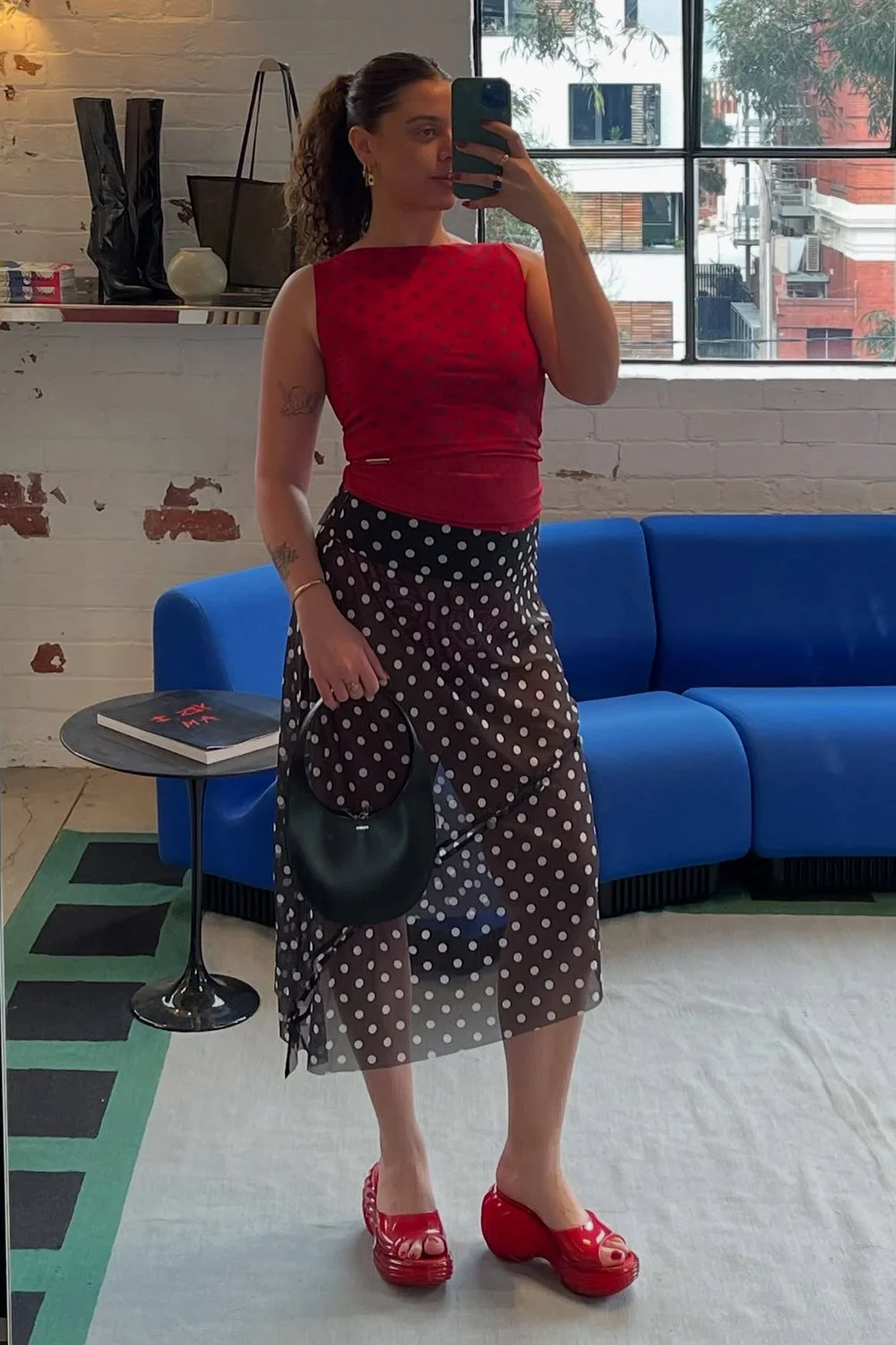 House of Sunny Polka Dot Mesh Printed Skirt