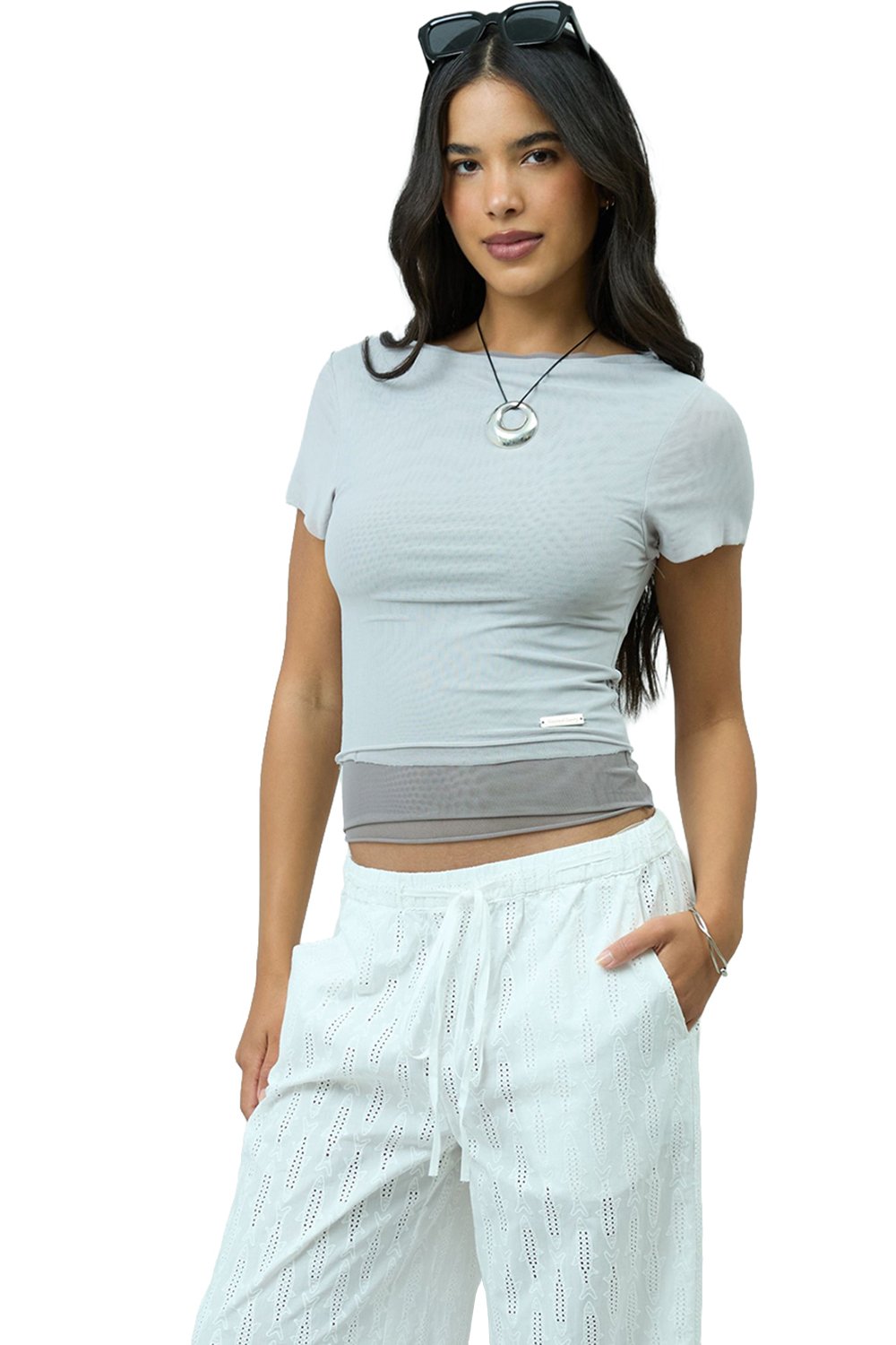 House of Sunny Double Layer Mesh Top - Pale Grey