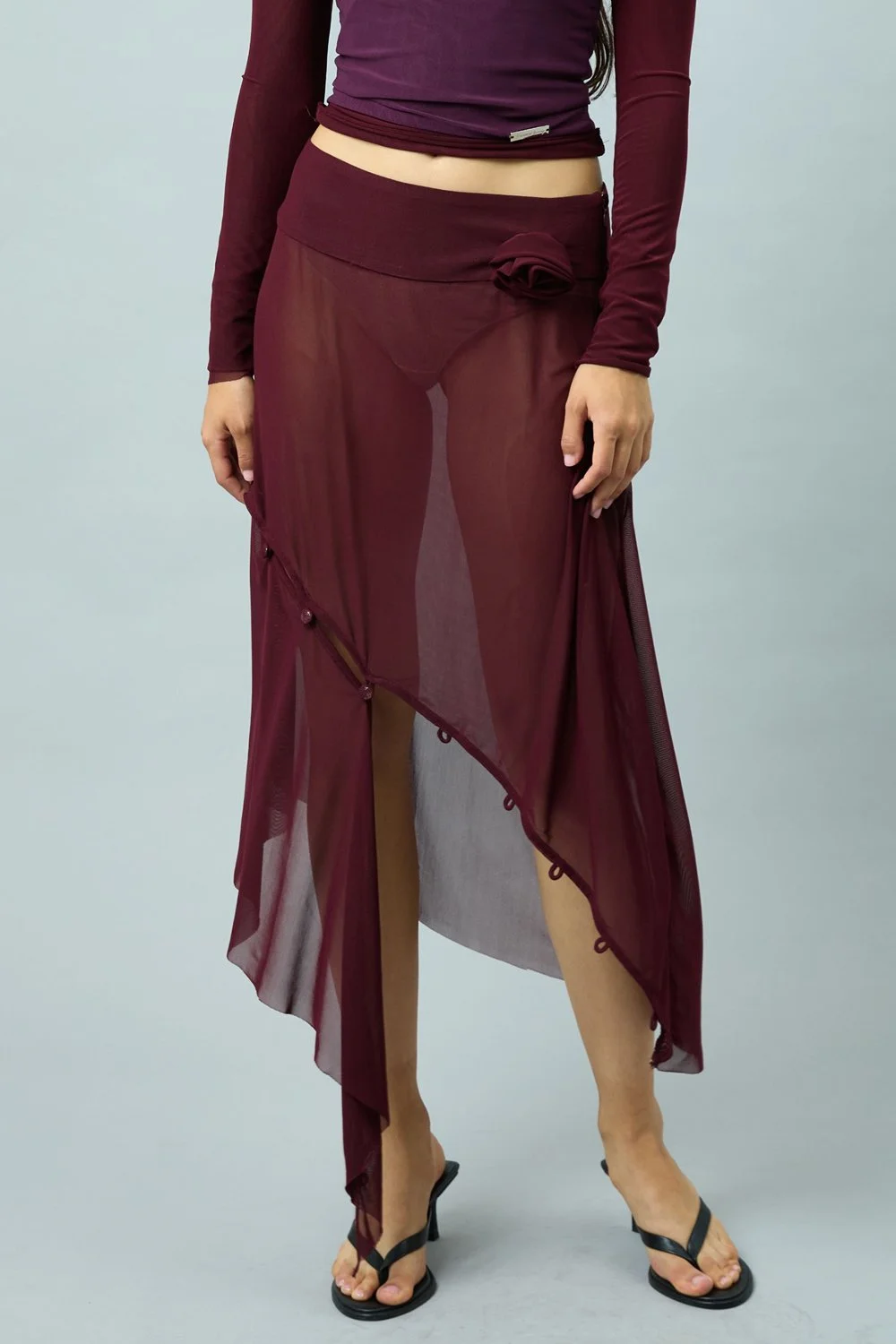 House of Sunny Asymmetric Mesh Skirt With Flower Applique