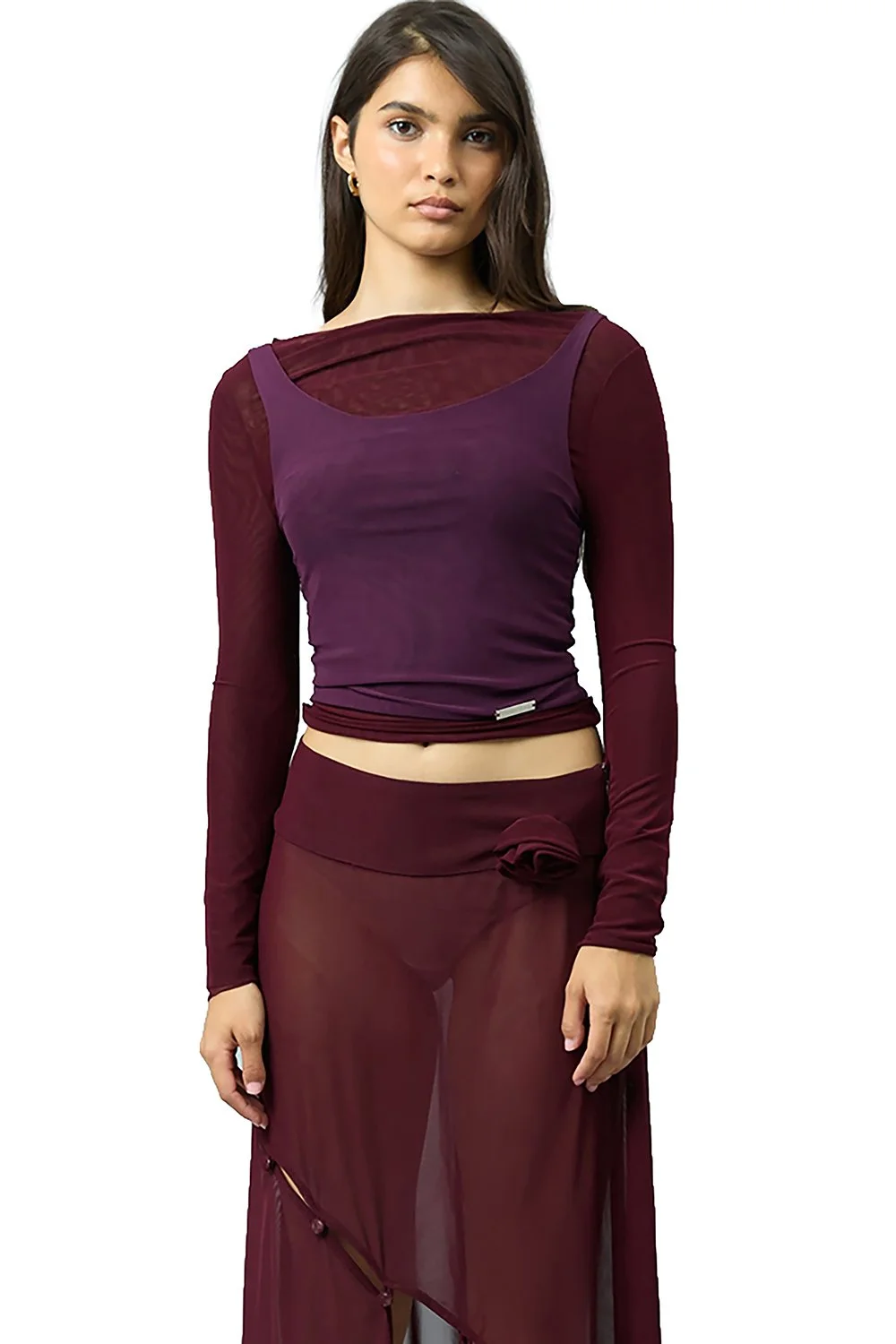 House of Sunny Double Layer Long Sleeve Mesh Top