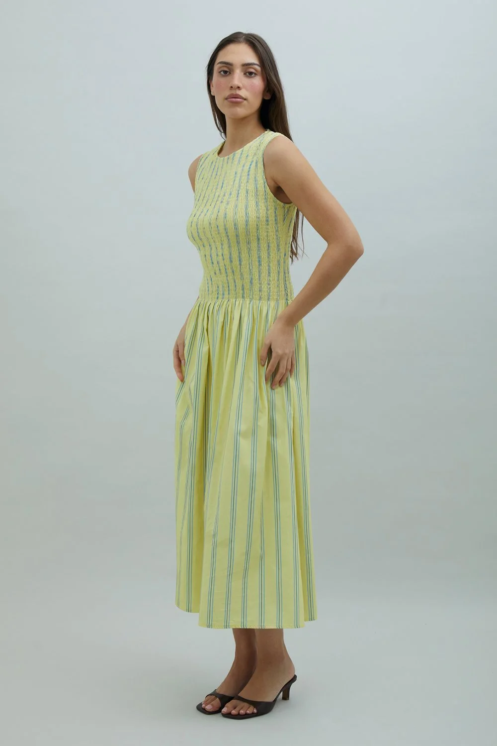 House of Sunny Striped Ruched Mesh Dress