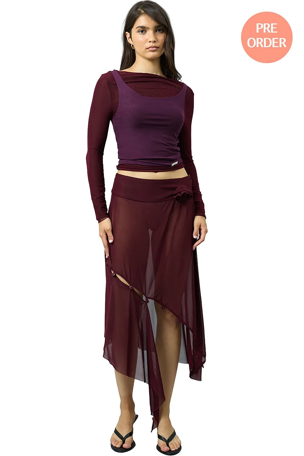 House of Sunny Asymmetric Mesh Skirt With Flower Applique