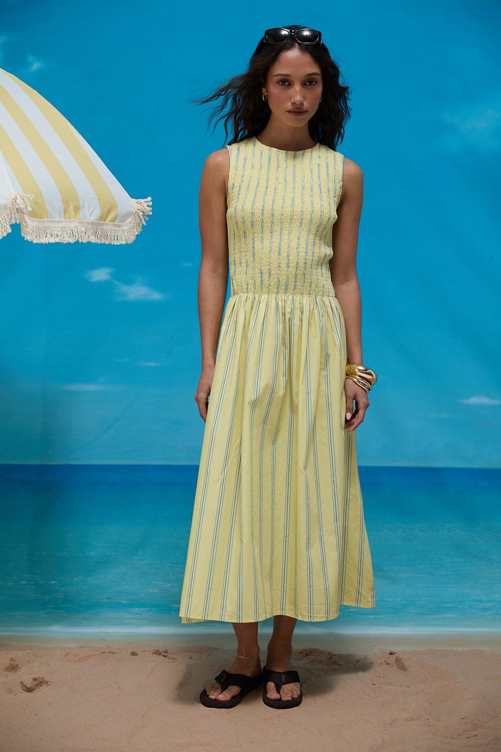 House of Sunny Striped Ruched Mesh Dress