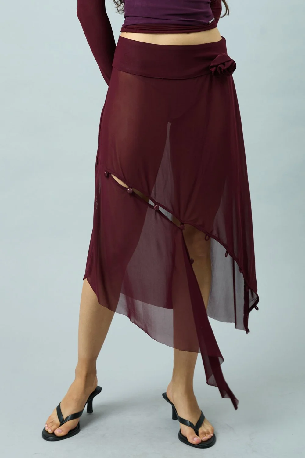 House of Sunny Asymmetric Mesh Skirt With Flower Applique