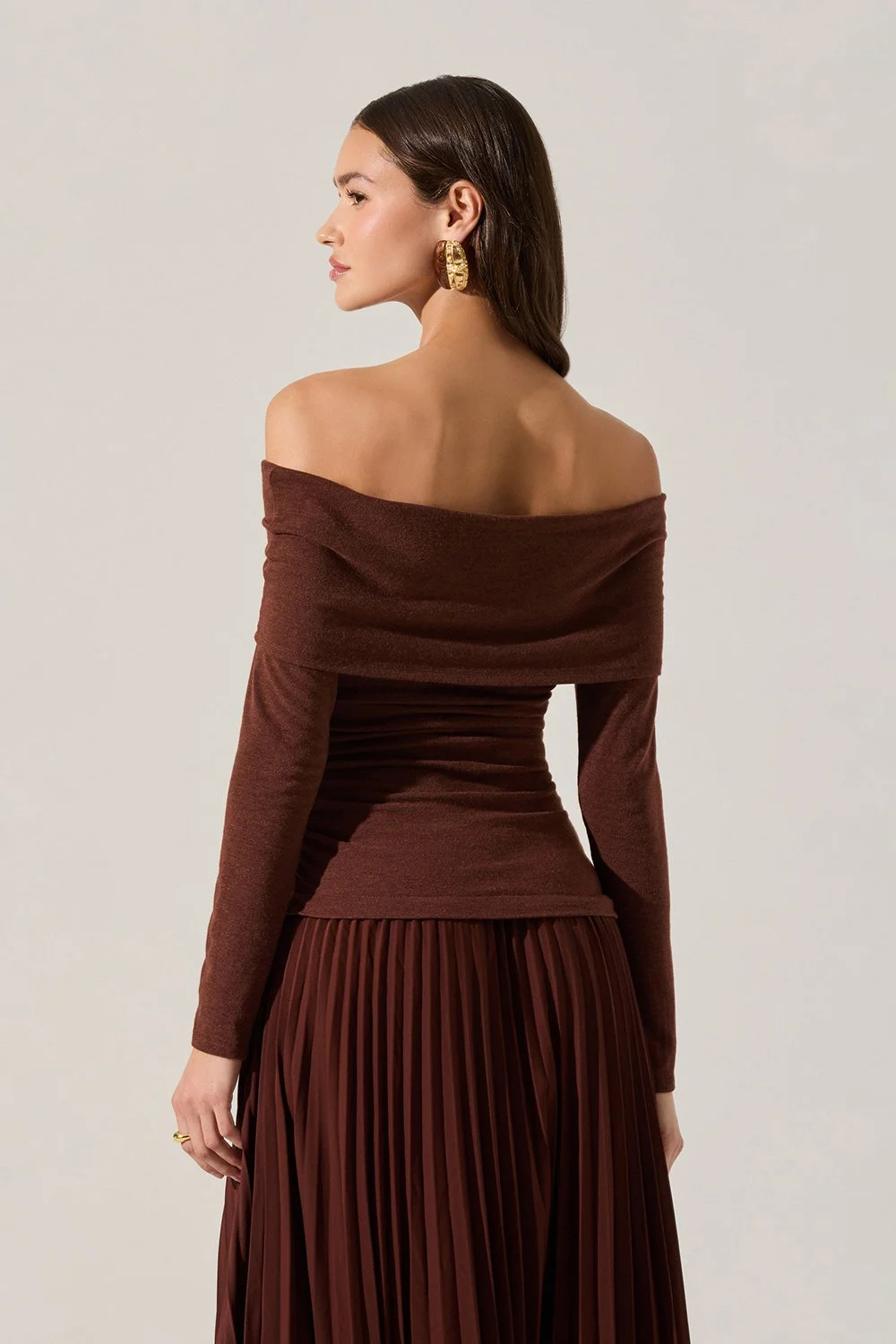 mixed media fall dress ASTR the Label | Tanaia Pleated Mixed Media Maxi Dress in Brown main image 1