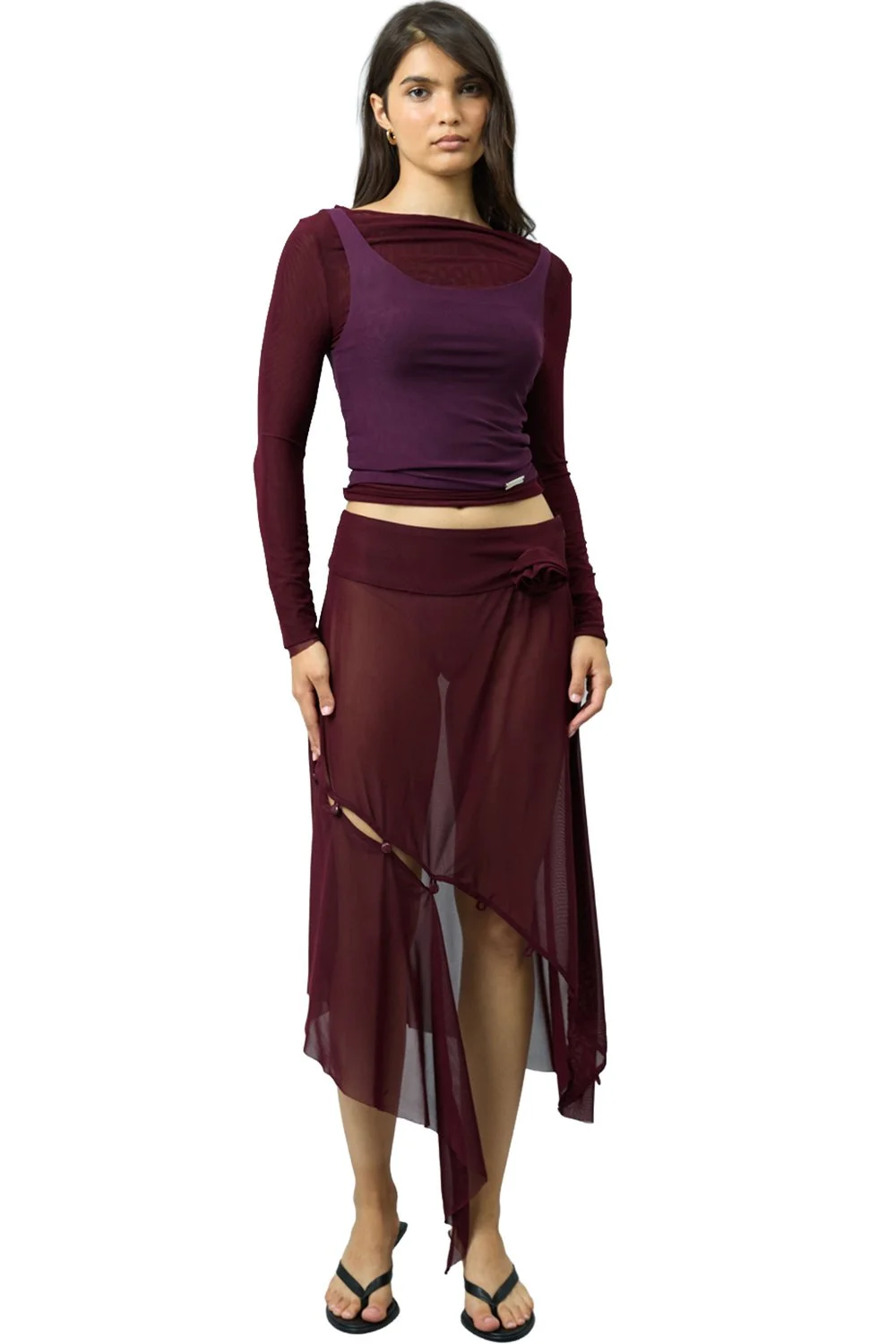 House of Sunny Asymmetric Mesh Skirt With Flower Applique