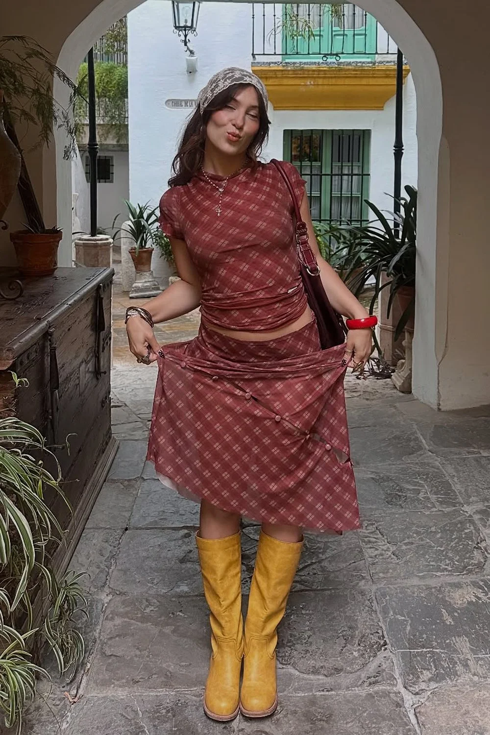 @tori.nucci in House of Sunny Retro Check Mesh Skirt