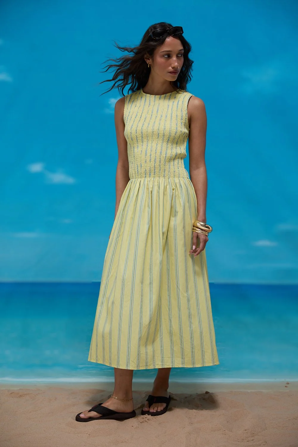 House of Sunny Striped Ruched Mesh Dress