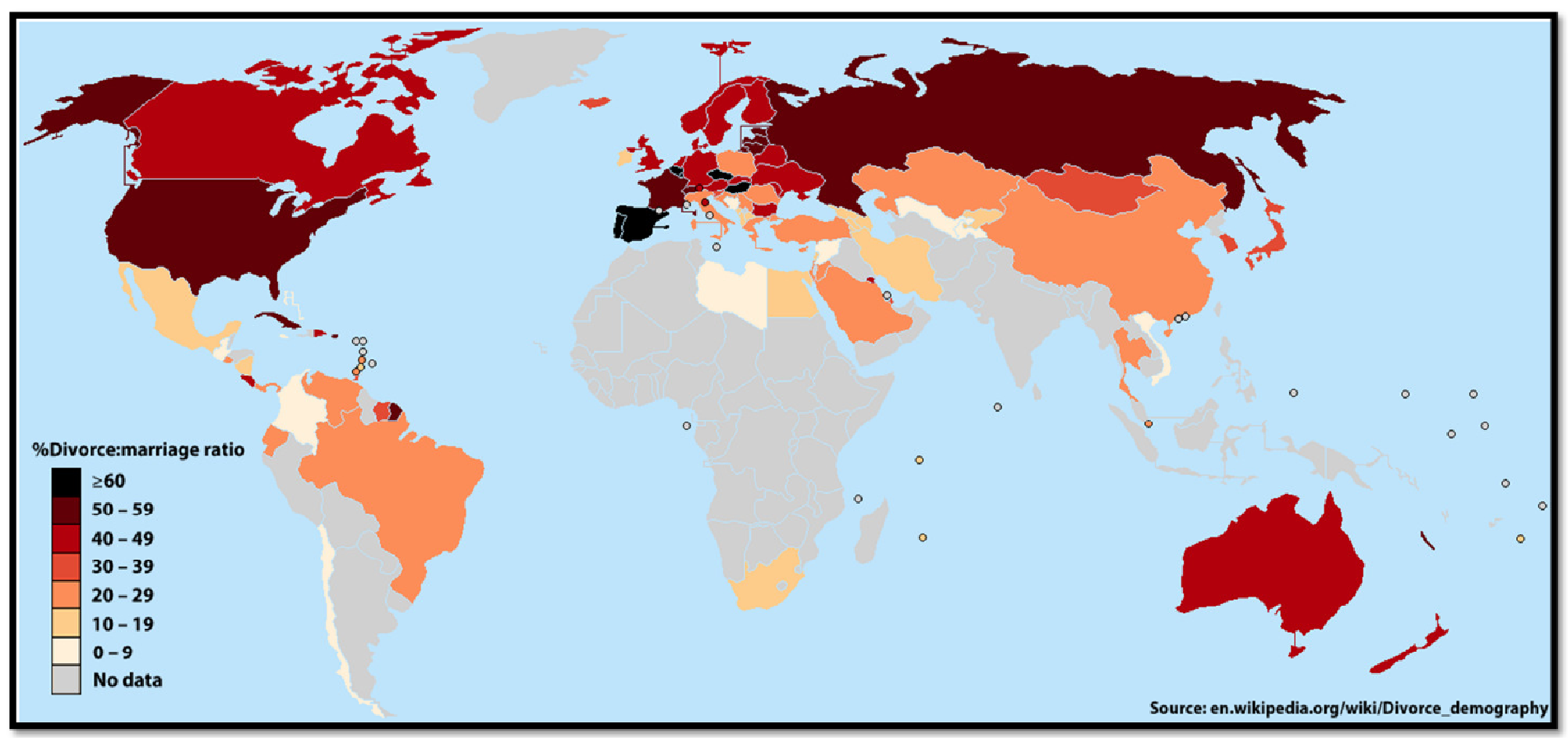 .... Allgemein bekannt: Die Scheidungsraten steigen in den meisten Ländern. Im Deutschsprachigen Raum liegen wir in Deutschland bei 40% (2015), in Österreich bei 43% (2003) und in der Schweiz bei 51% (2010). Weltkarte basiert auf Wikipedia-Daten (2014). .. The divorce rate is rising in most countries. This world map is based on Wikipedia-info (2014). Check out the statistics in your neighborhood. ....
