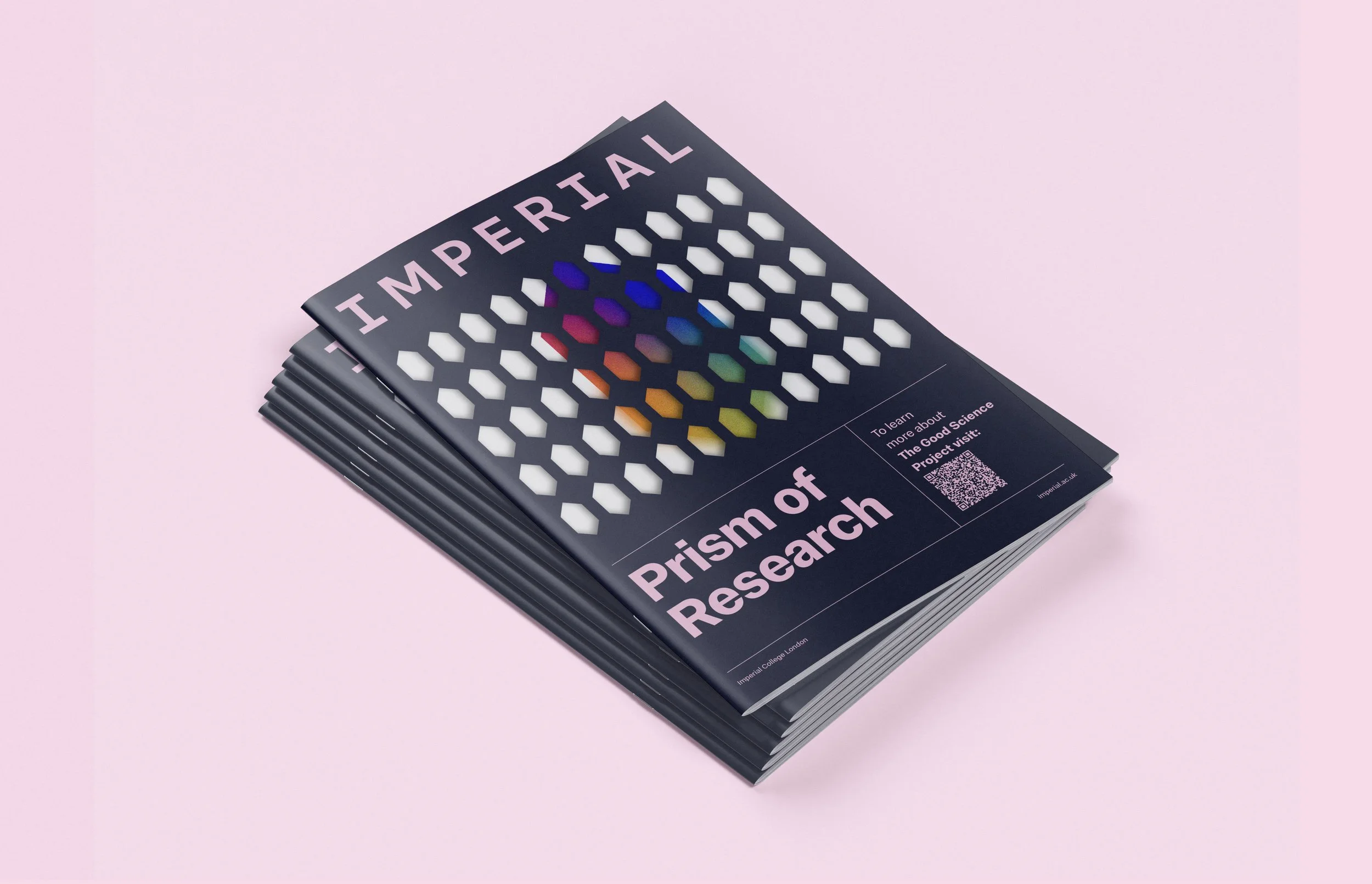 The cover was crafted from a heavier stock than the rest of the brochure, with a prism repeat pattern die-cut into the front. This design allowed a prism illustration beneath to peek through, creating a dynamic interplay of light and shadow that ech