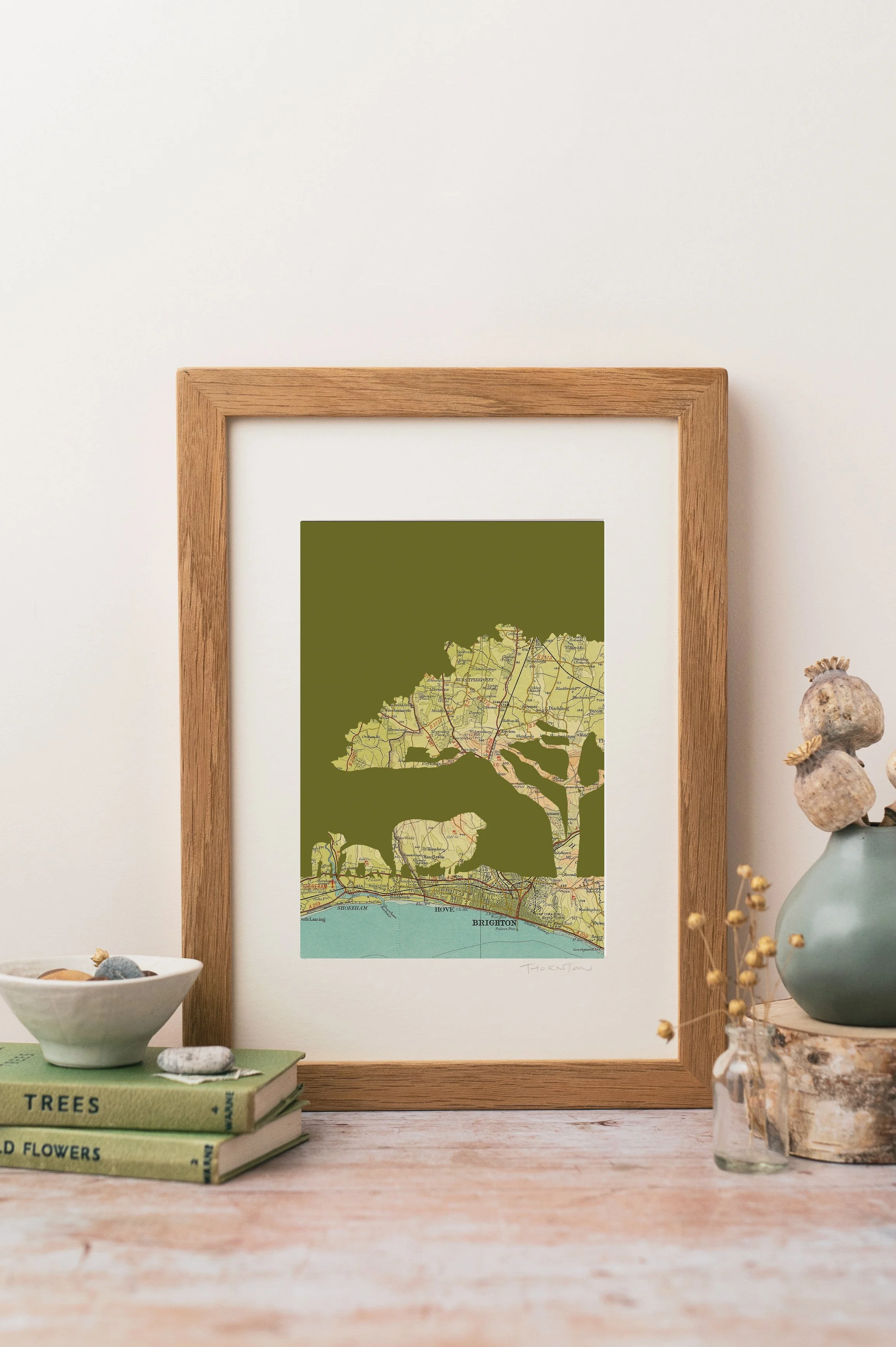 Brighton Sheep A4 Map Print with moss green background