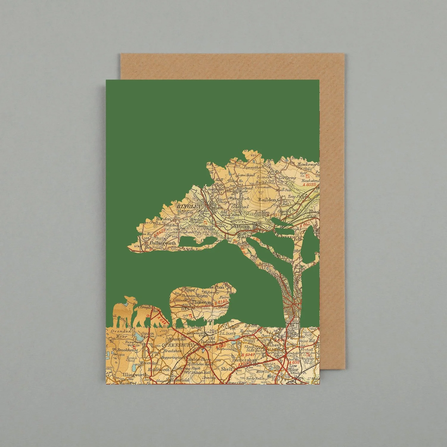 Saltaire Sheep Map Card. Wagtail Map Card. Nature inspired greetings card featuring old maps of Saltaire near Bradford in West Yorkshire