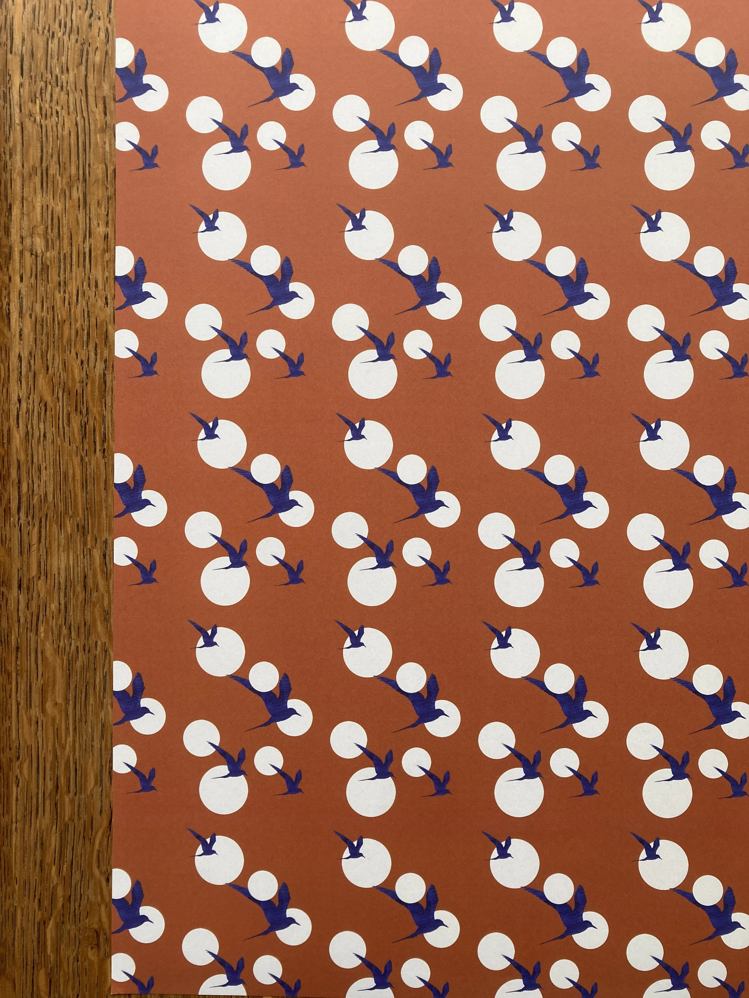 Arctic Tern Gift Wrap with blue terns, white dots and a rusty orange background