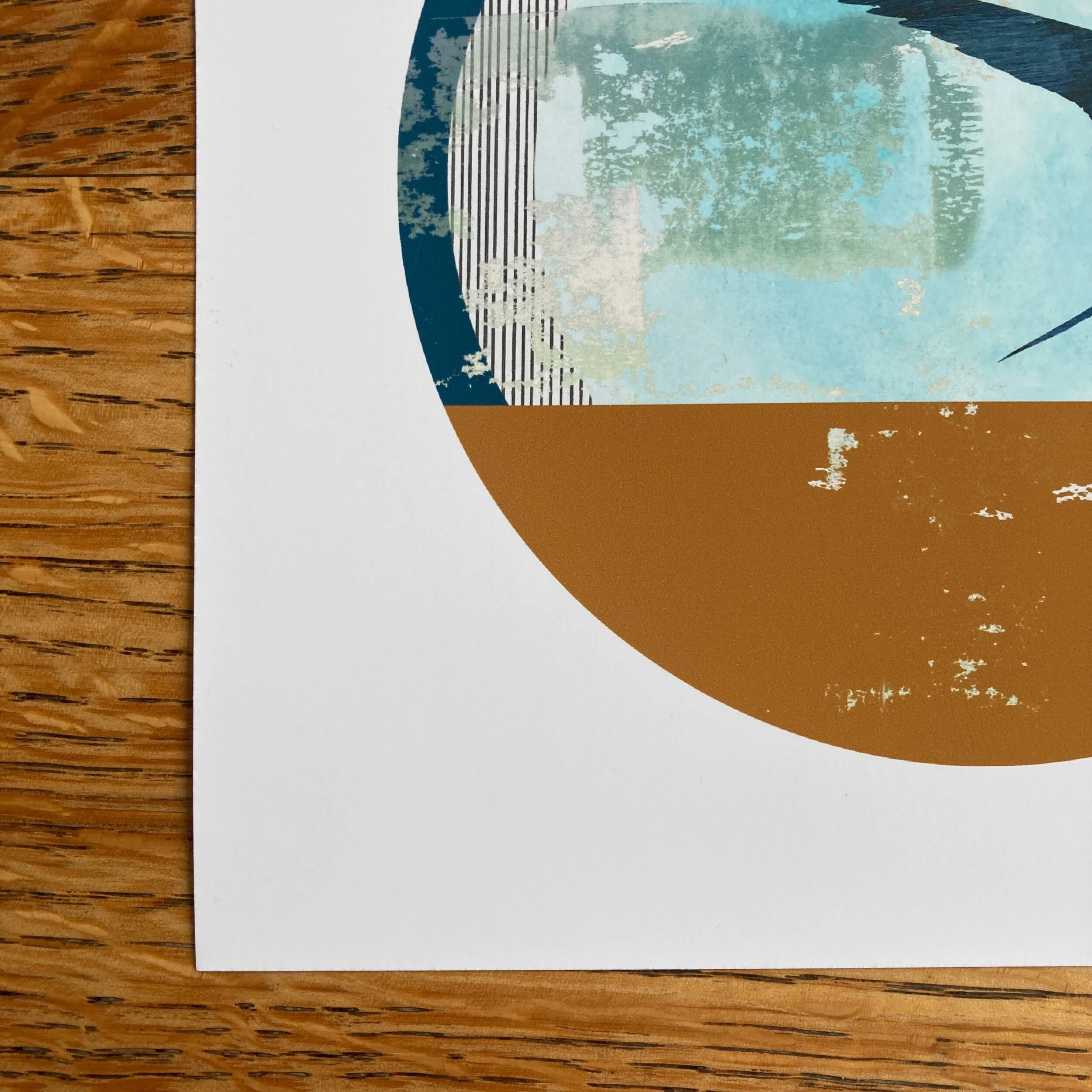 Let's Tern the Tide, an 8x8" mini fine art print of an Arctic tern with abstract shapes in blues and ochre. The design has a circular aperture with white border