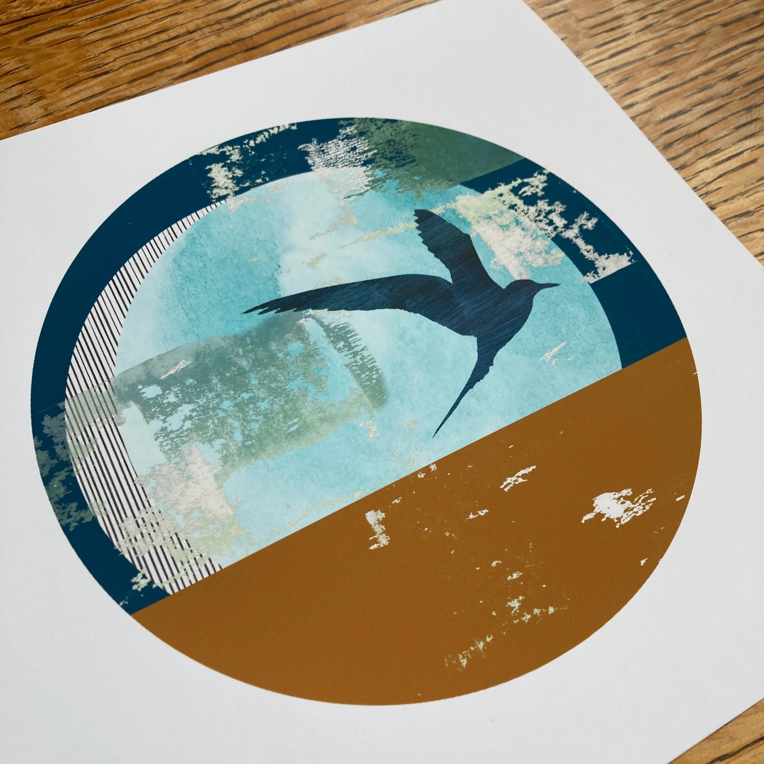 Let's Tern the Tide, an 8x8" mini fine art print of an Arctic tern with abstract shapes in blues and ochre. The design has a circular aperture with white border