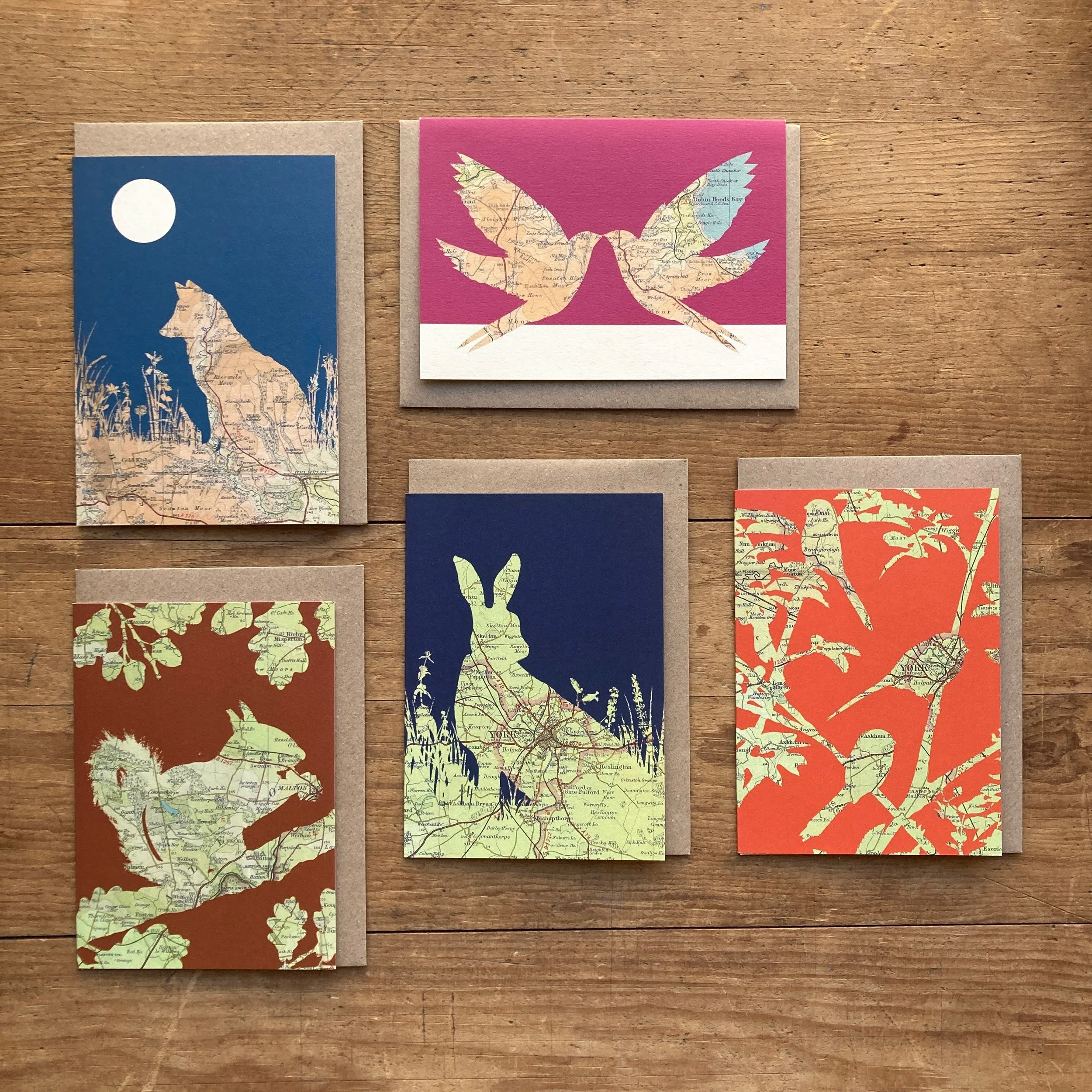 A collection of five nature inspired map cards featuring the city of York, Robin Hood's Bay. Yorkshire Arboretum and North Yorkshire Moors