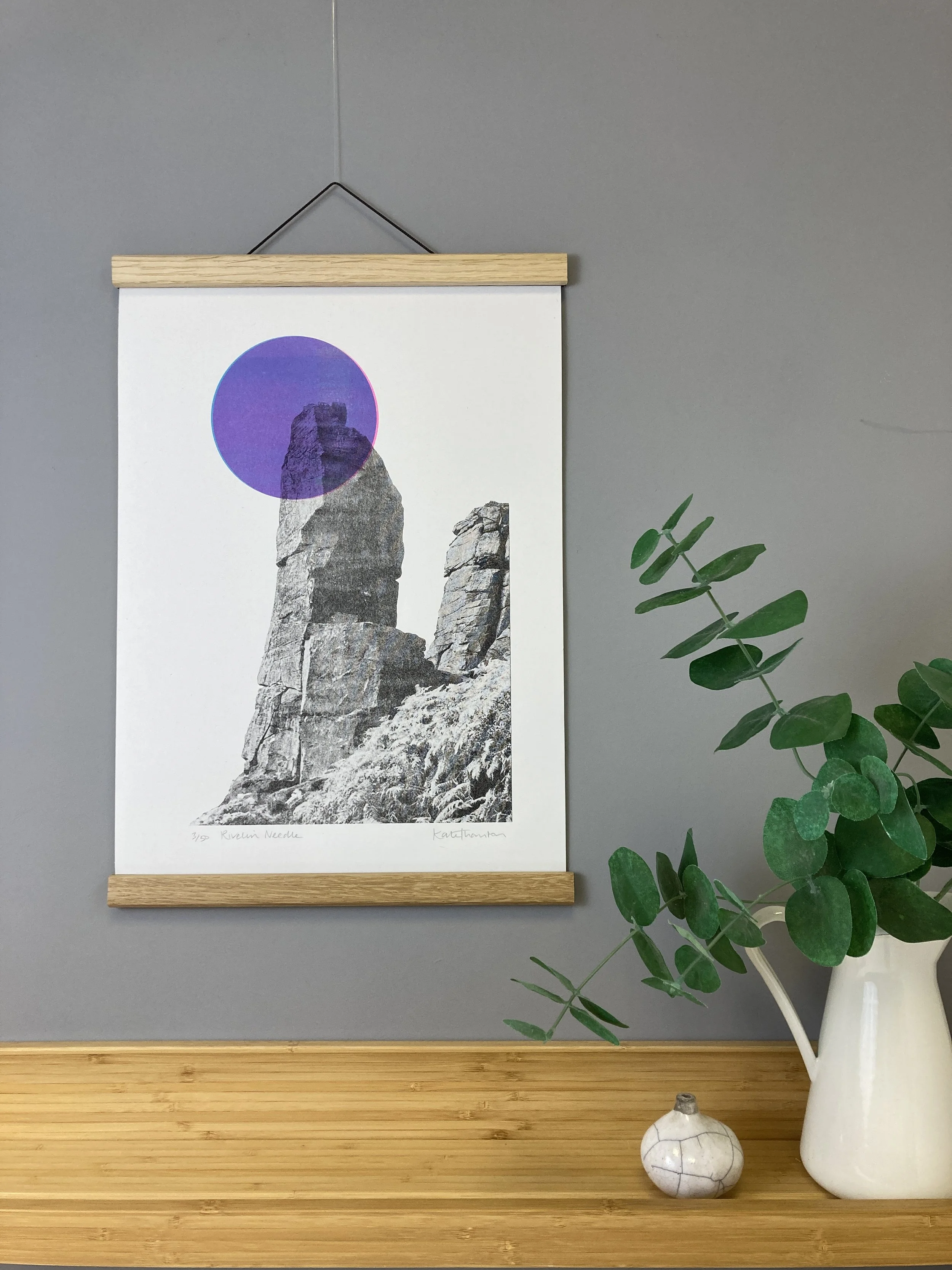 Peak District Rivelin Needle Artwork near Sheffield. A three colour riso print featuring a gritsone obelisk. Art for climbers and walkers