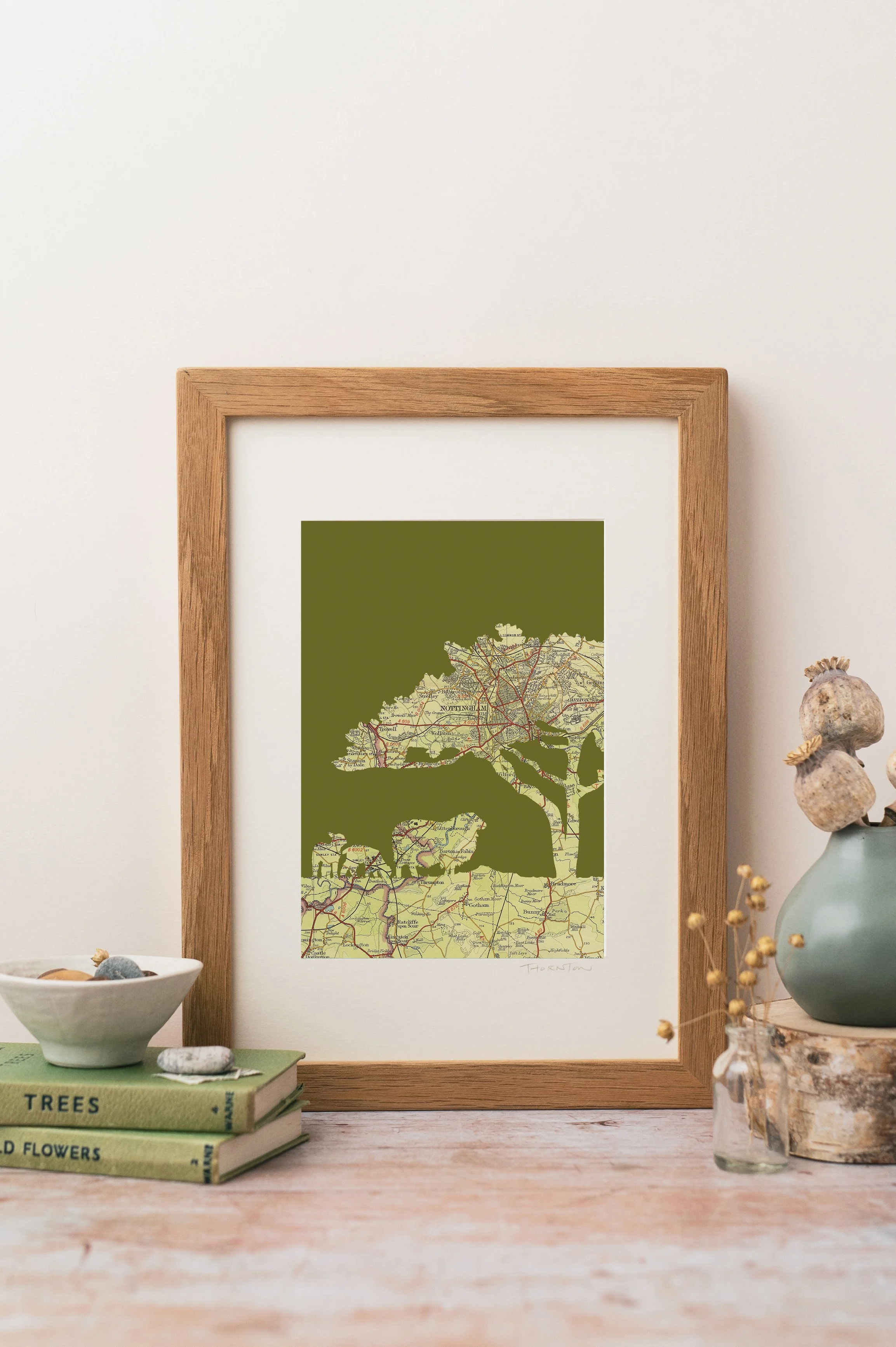 Nottingham Sheep A4 Map Print with moss green background
