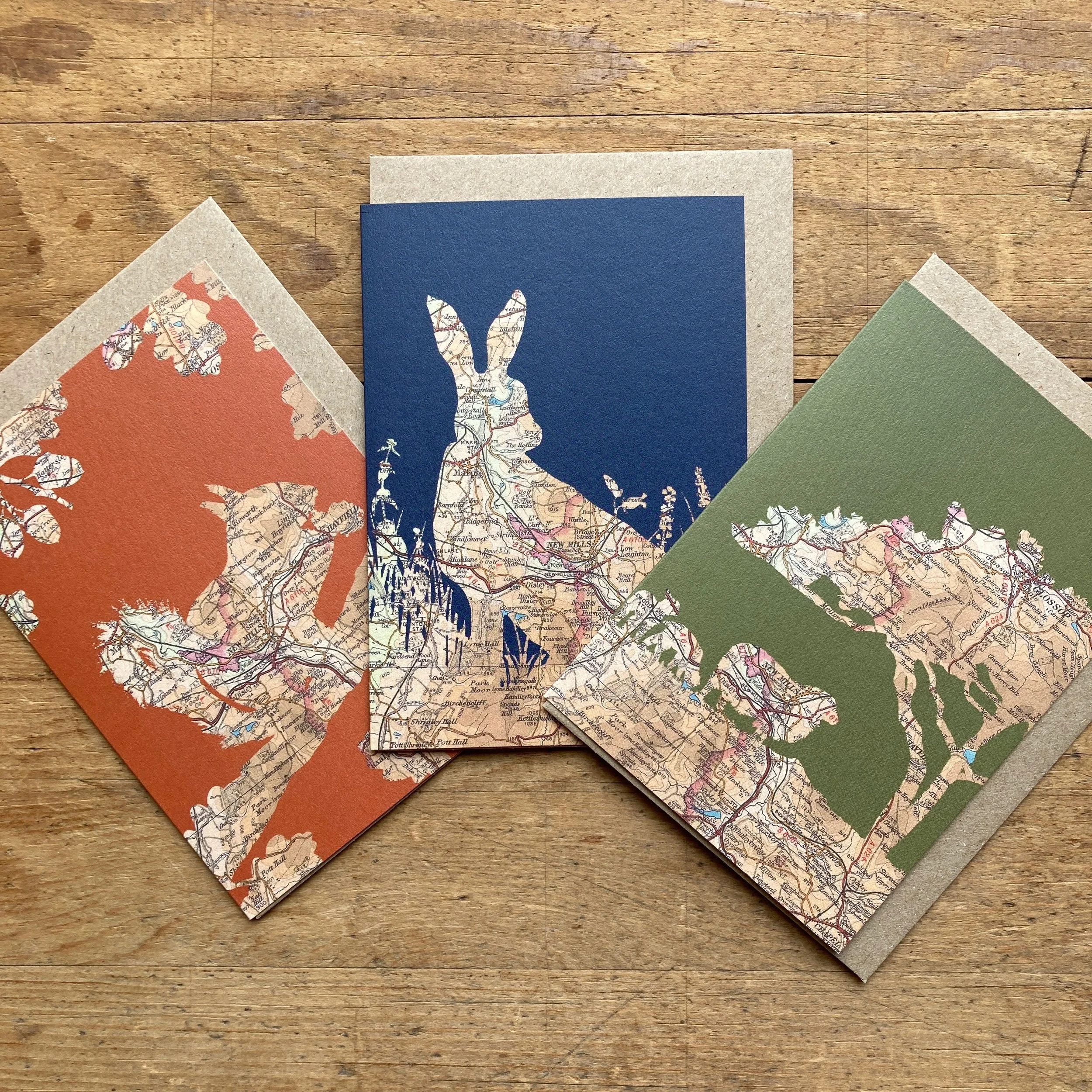 A collection of three nature inspired greetings card featuring old maps of new Mills in the High Peak of Derbyshire