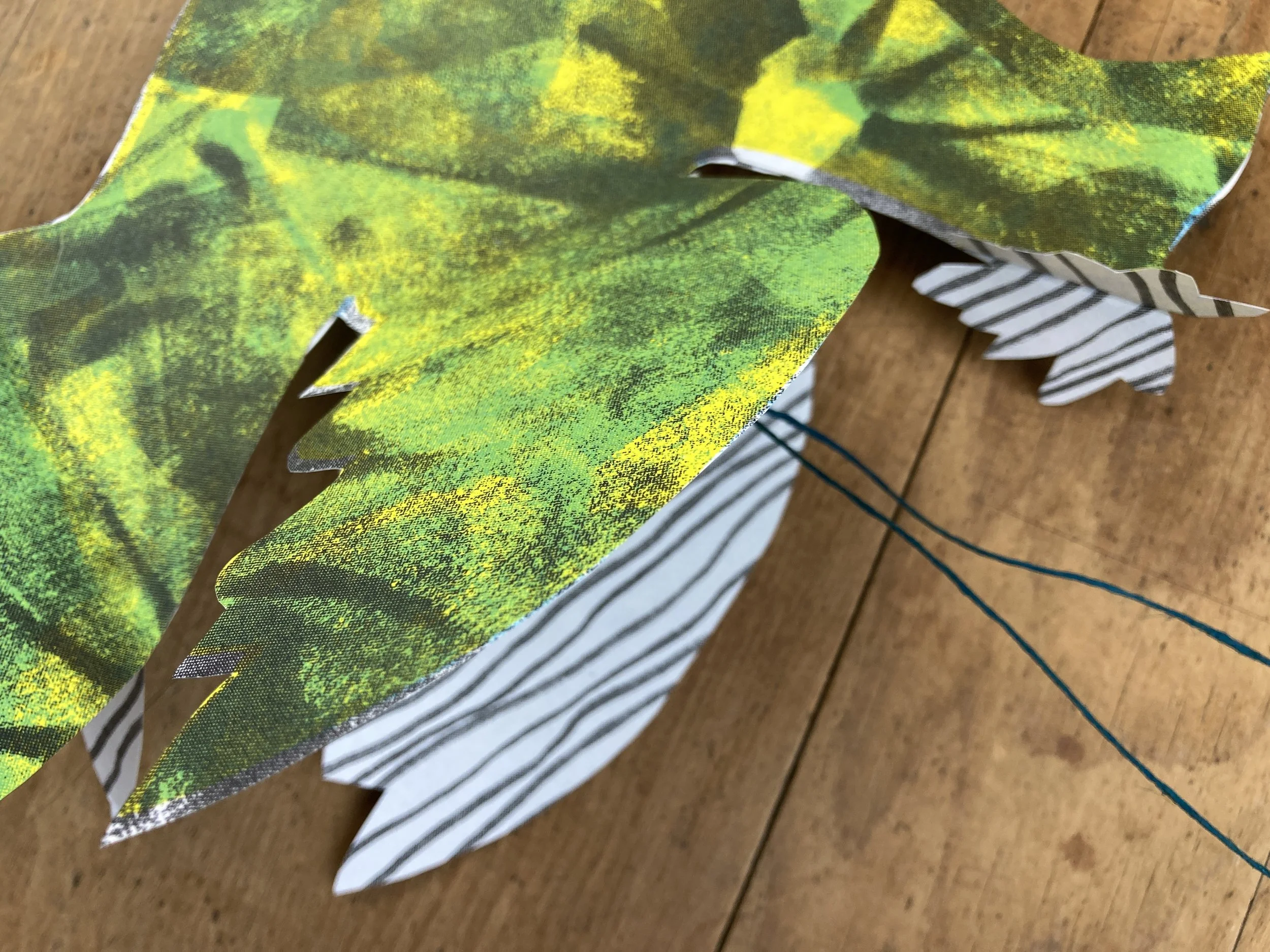 Paper Hanging Bird Kit - Riso Printed. Kit includes everything to make a 3D bird to hang up.