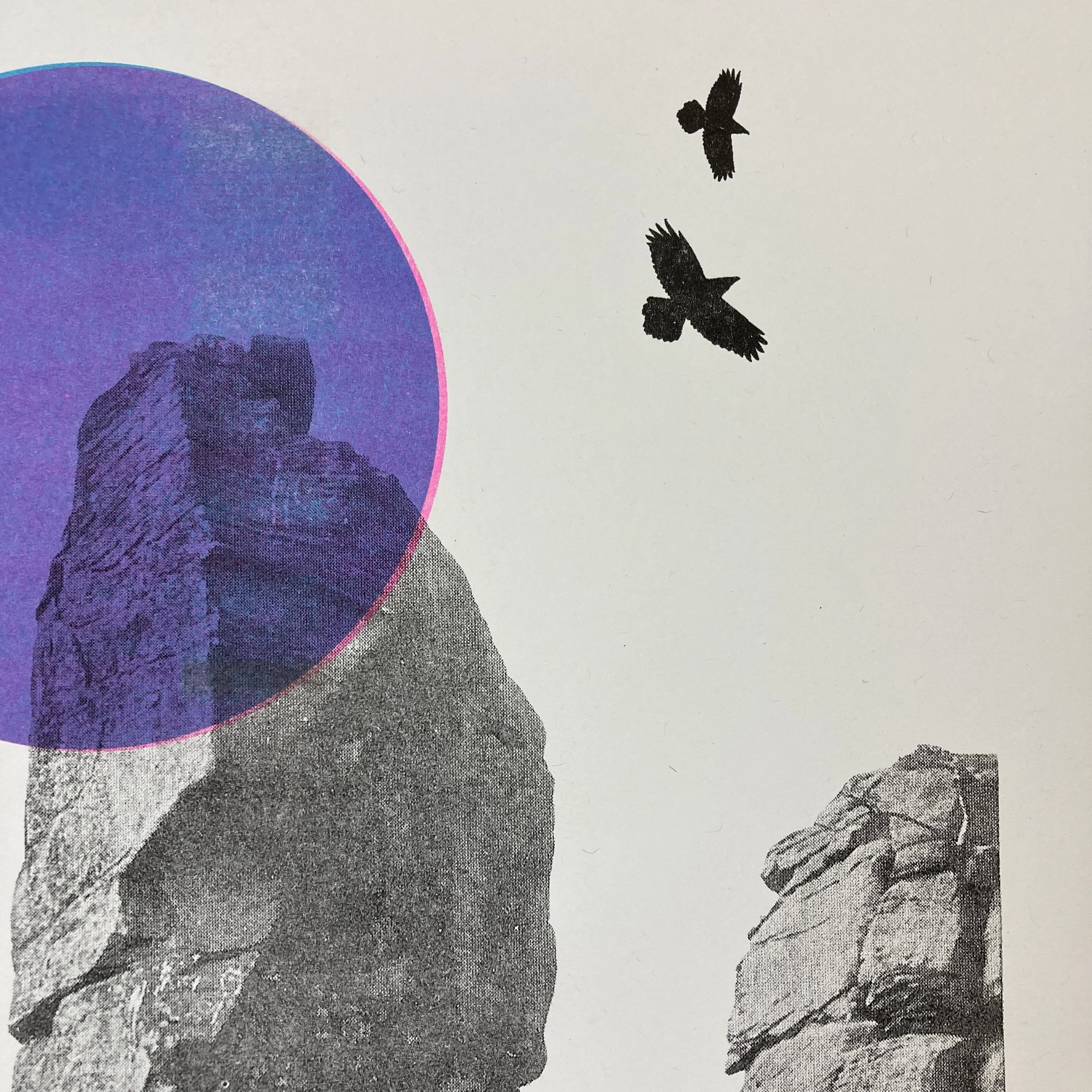 three-colour Risograph print created using soy-based inks featuring the Rivelin Needle and two Ravens near Sheffield in the Peak District.  a great gift for climbers