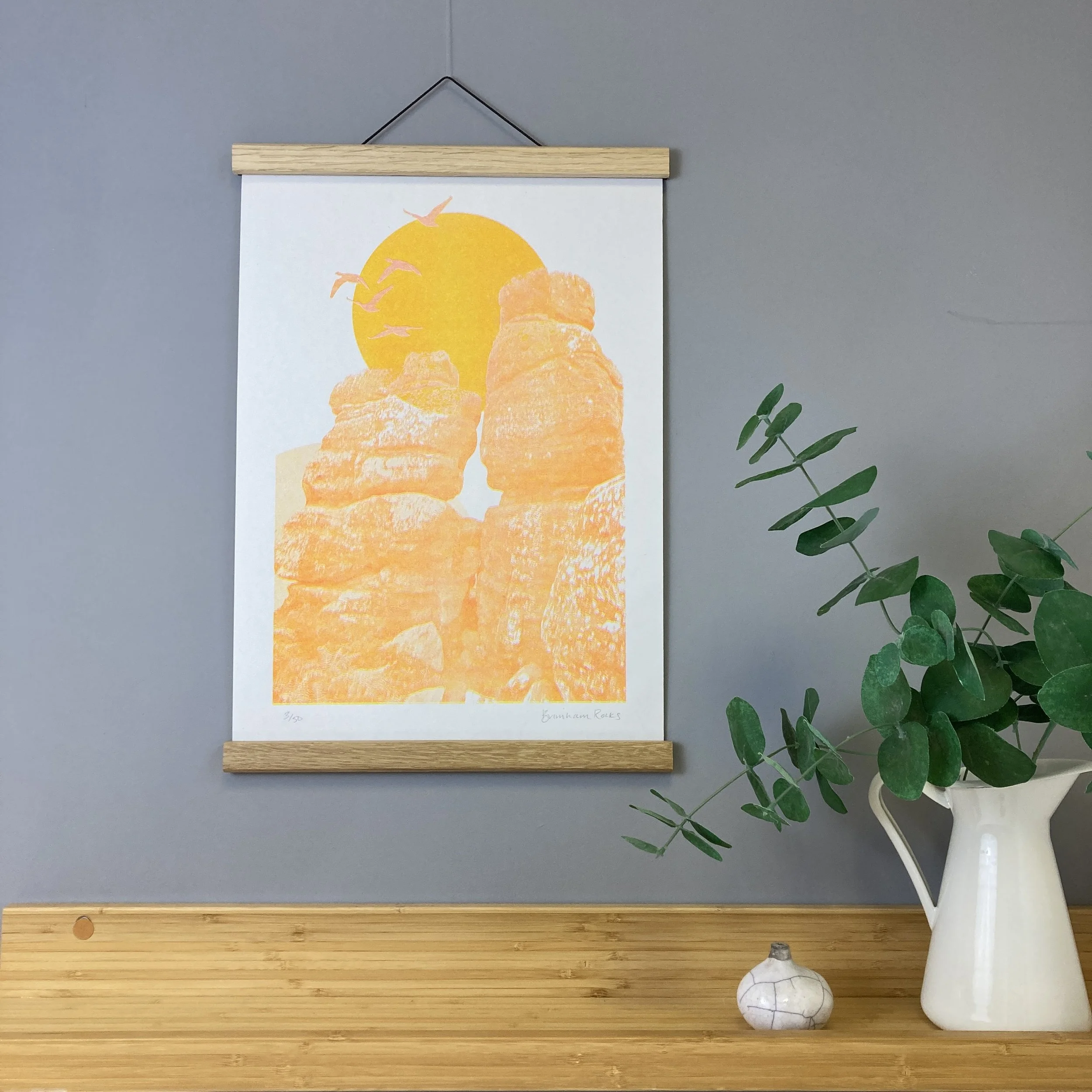 Hand printed two colour risograph of Brimham Rocks in North Yorkshire. A great gift for rock climbers and Yorkshire lovers.