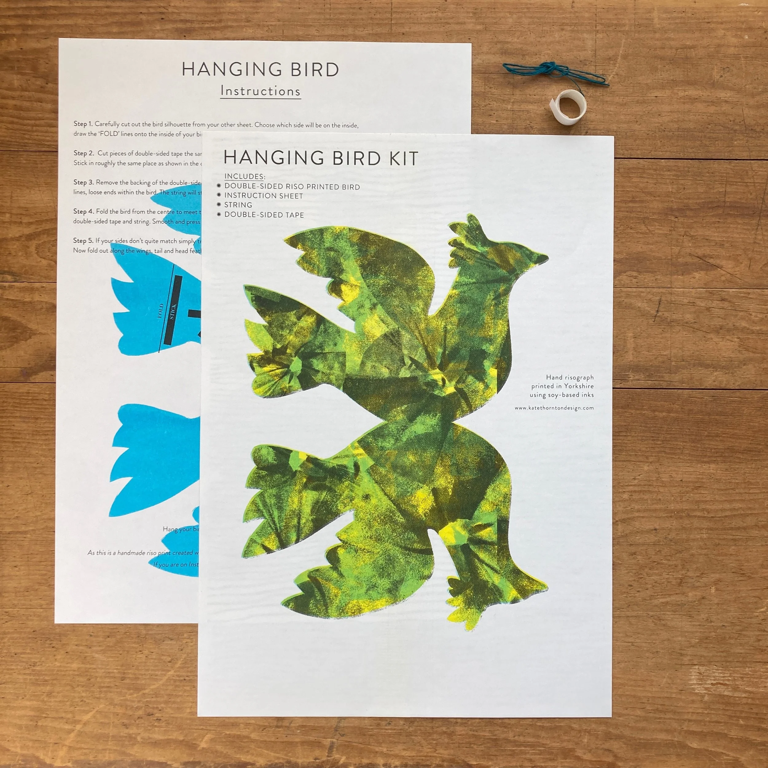 Paper Hanging Bird Kit - Riso Printed. Kit includes everything to make a 3D bird to hang up.