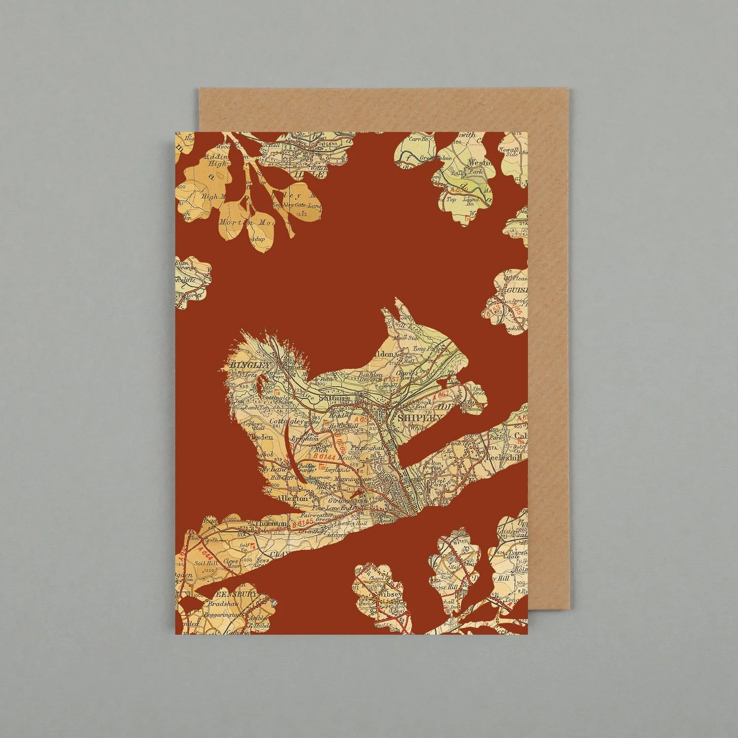 Saltaire Red Squirrel Card. Nature inspired greetings card featuring old maps of Saltaire near Bradford in West Yorkshire