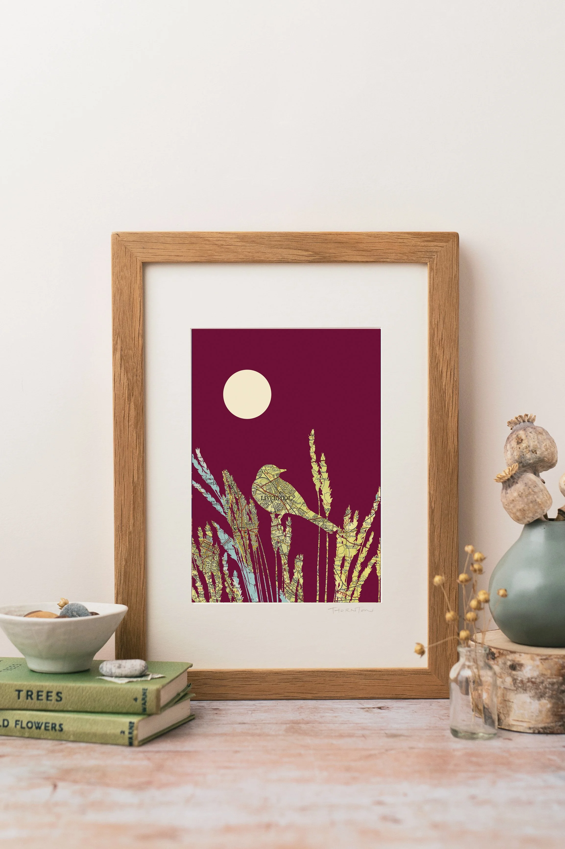 Liverpool wagtail A4 map Print on burgundy background