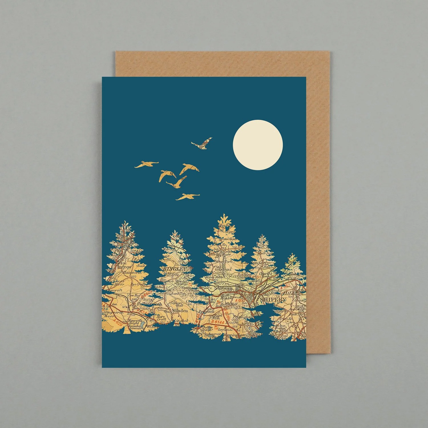 Saltaire Trees & Geese Map Card. Nature inspired greetings card featuring old maps of Saltaire near Bradford in West Yorkshire